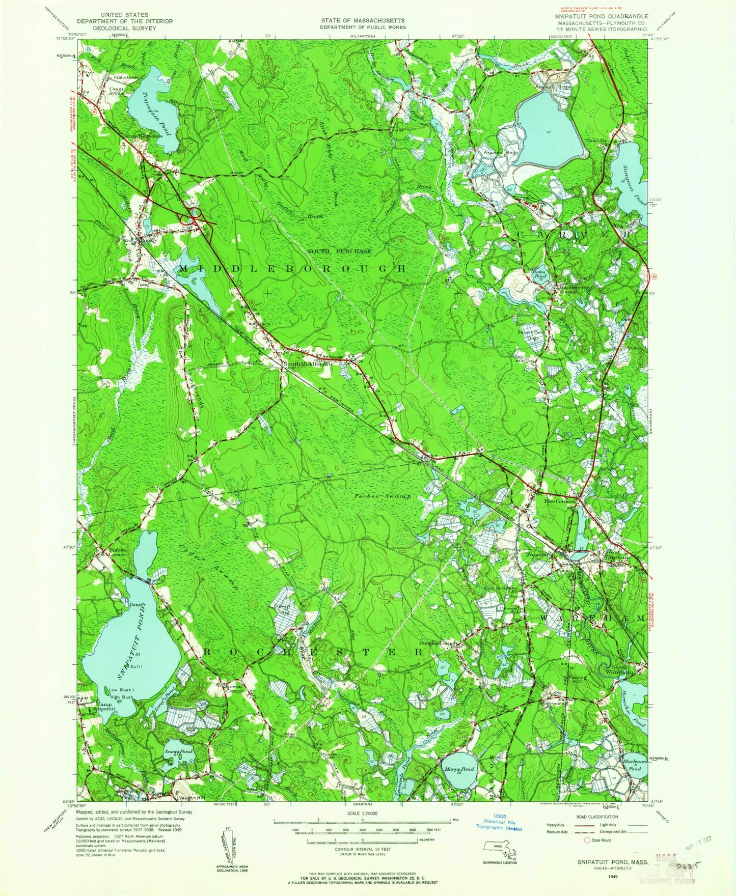 Classic USGS Snipatuit Pond Massachusetts 7.5'x7.5' Topo Map Image