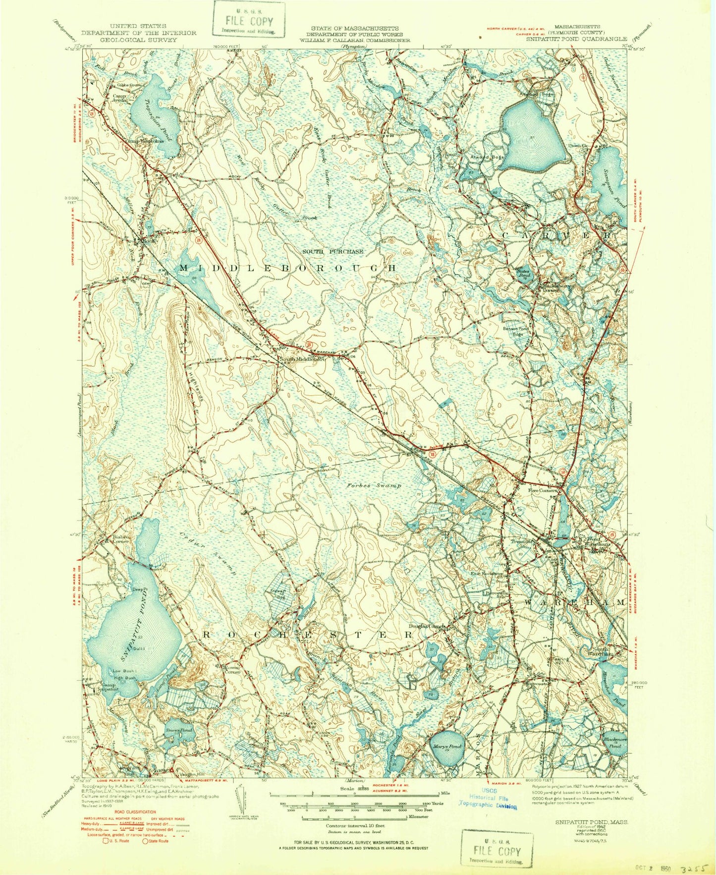 Classic USGS Snipatuit Pond Massachusetts 7.5'x7.5' Topo Map Image