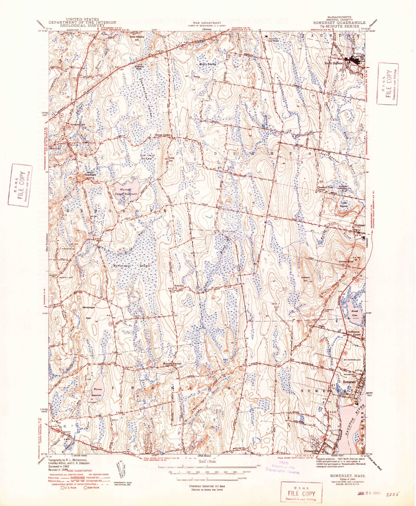 Classic USGS Somerset Massachusetts 7.5'x7.5' Topo Map Image