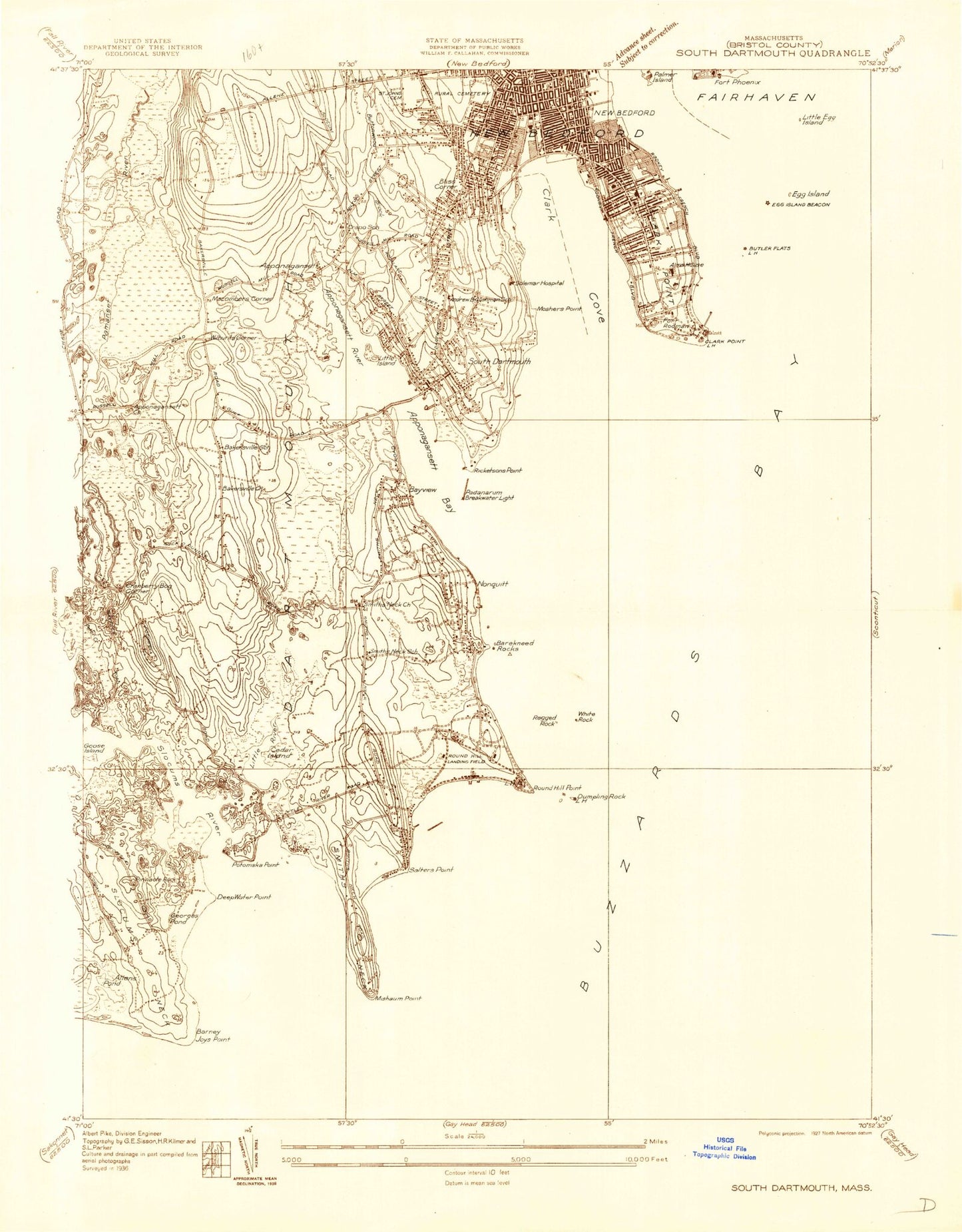 Classic USGS New Bedford South Massachusetts 7.5'x7.5' Topo Map Image