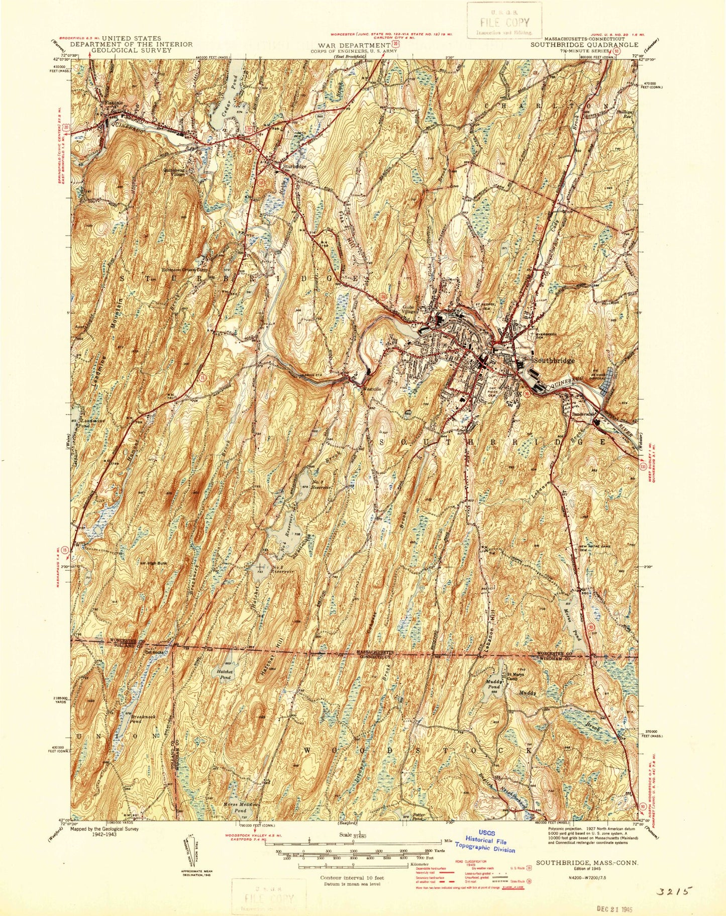 Classic USGS Southbridge Massachusetts 7.5'x7.5' Topo Map Image
