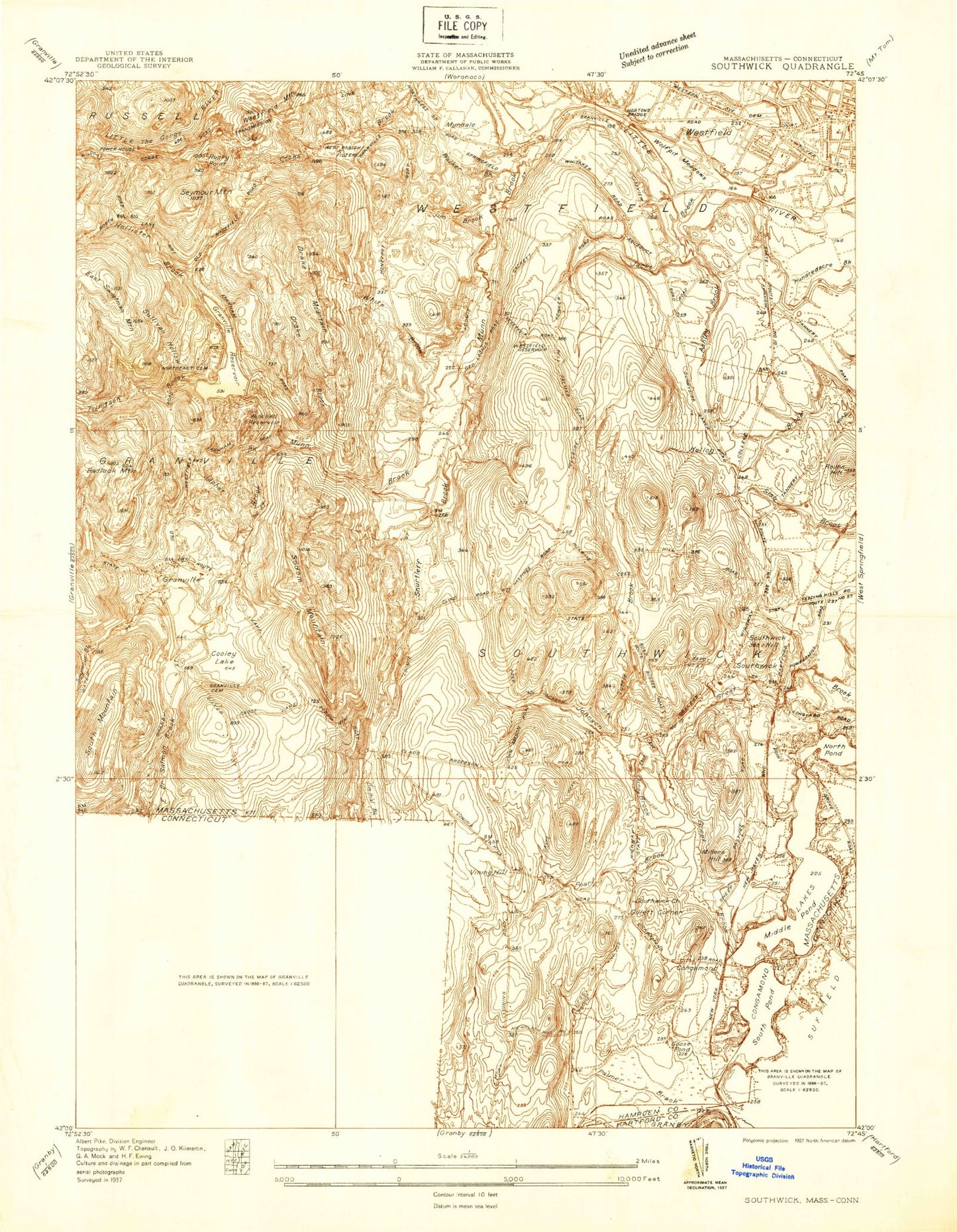 Classic USGS Southwick Massachusetts 7.5'x7.5' Topo Map Image