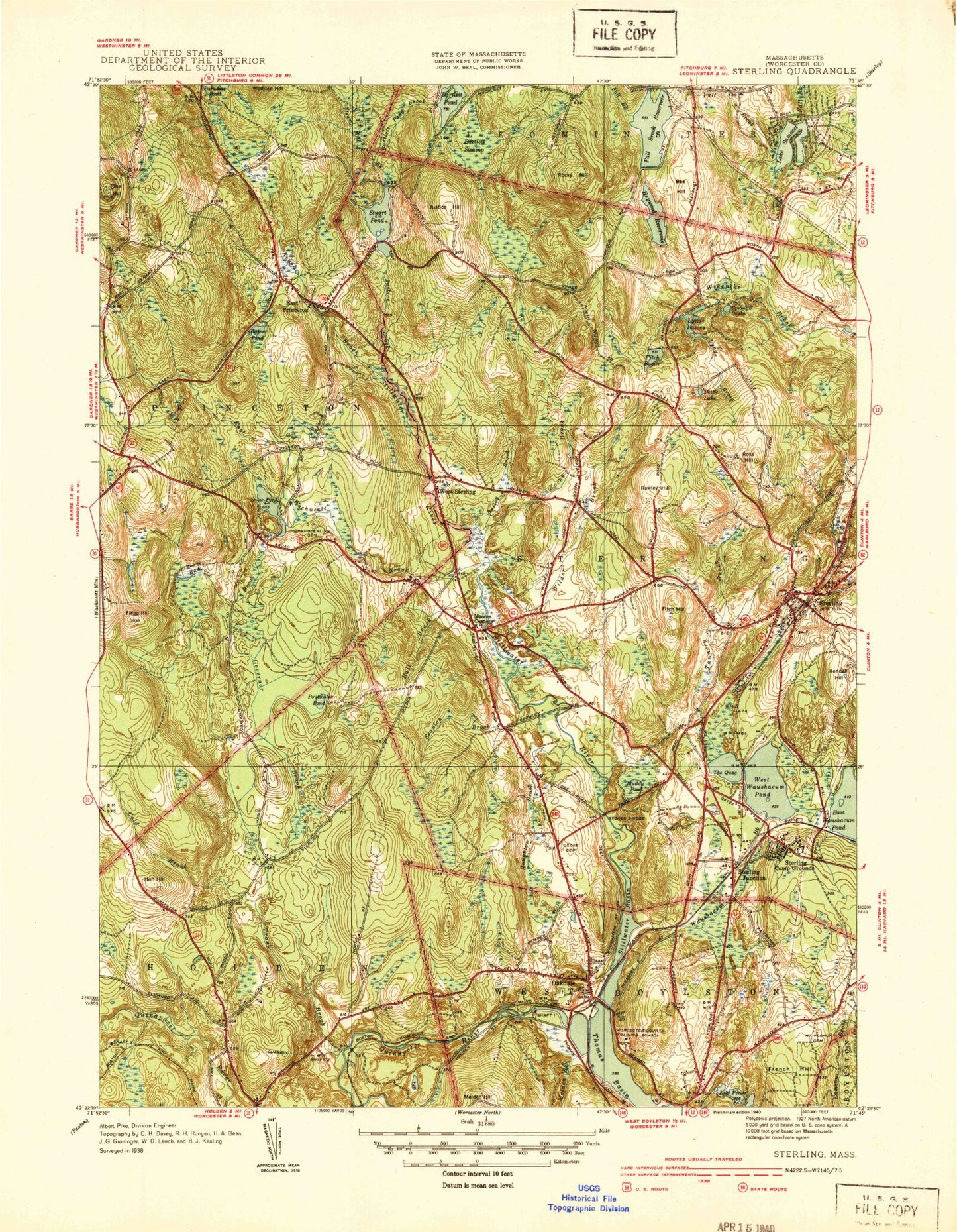 Classic USGS Sterling Massachusetts 7.5'x7.5' Topo Map Image