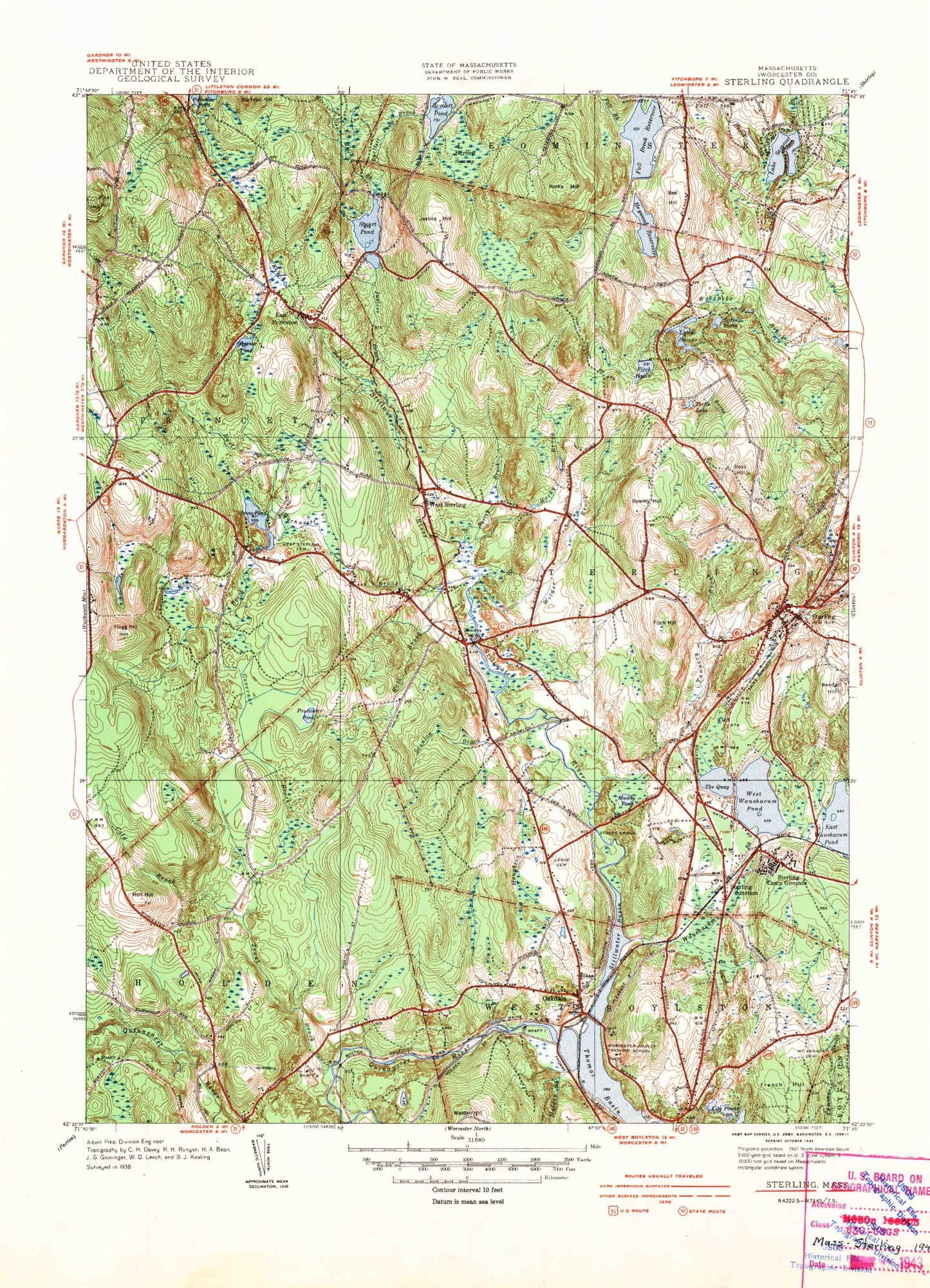 Classic USGS Sterling Massachusetts 7.5'x7.5' Topo Map Image