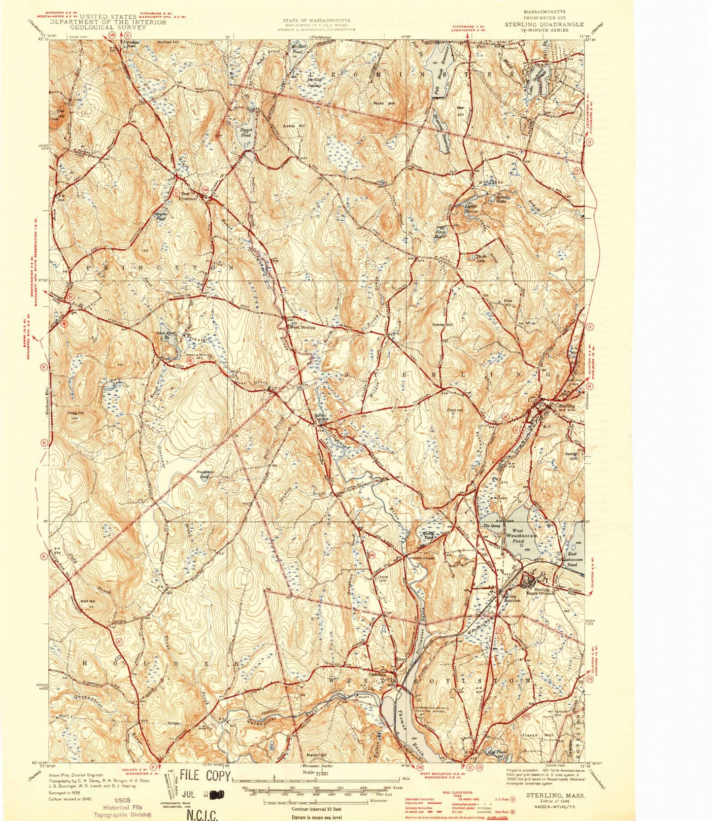 Classic USGS Sterling Massachusetts 7.5'x7.5' Topo Map Image