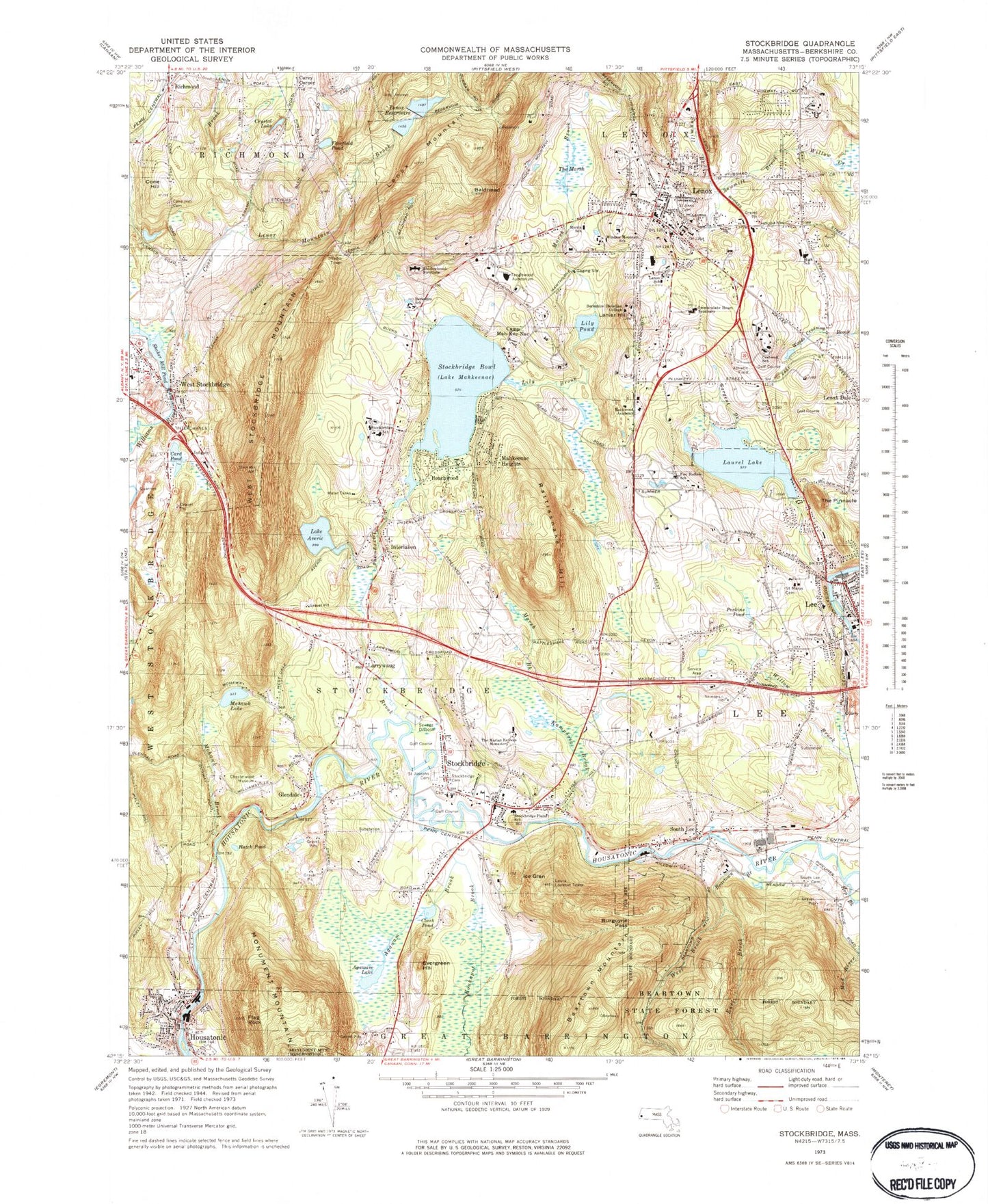Classic USGS Stockbridge Massachusetts 7.5'x7.5' Topo Map Image