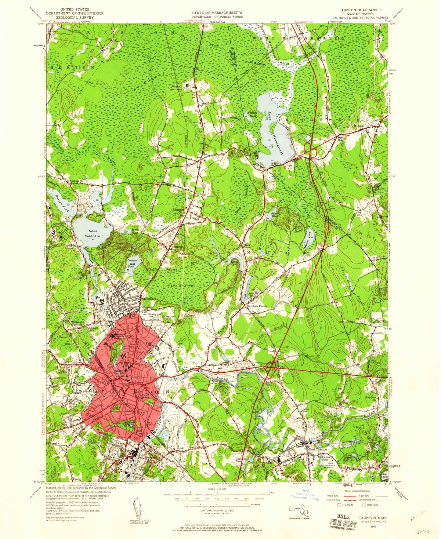 Classic USGS Taunton Massachusetts 7.5'x7.5' Topo Map Image