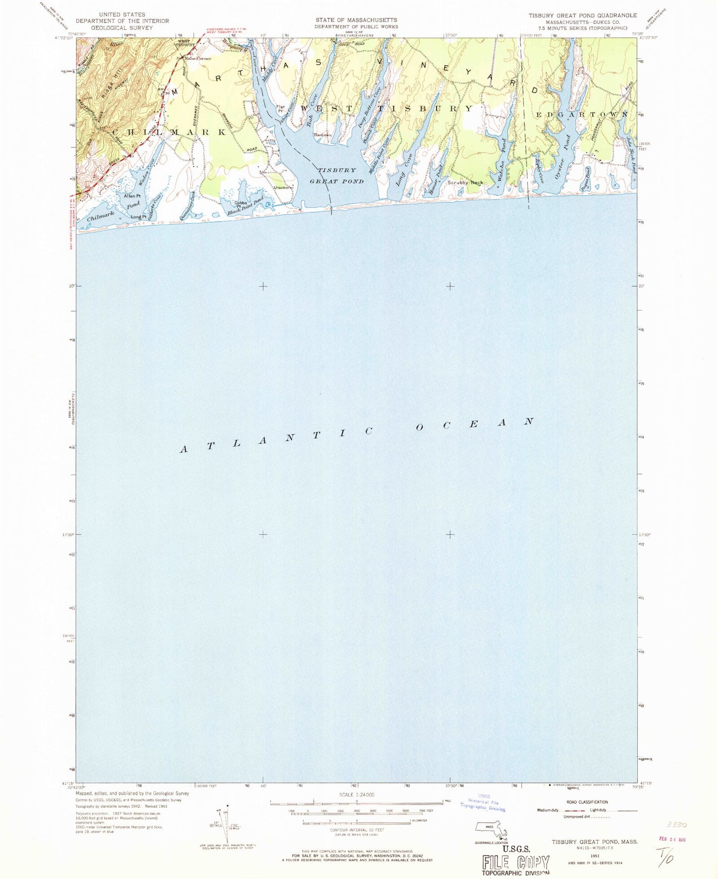 Classic USGS Tisbury Great Pond Massachusetts 7.5'x7.5' Topo Map Image