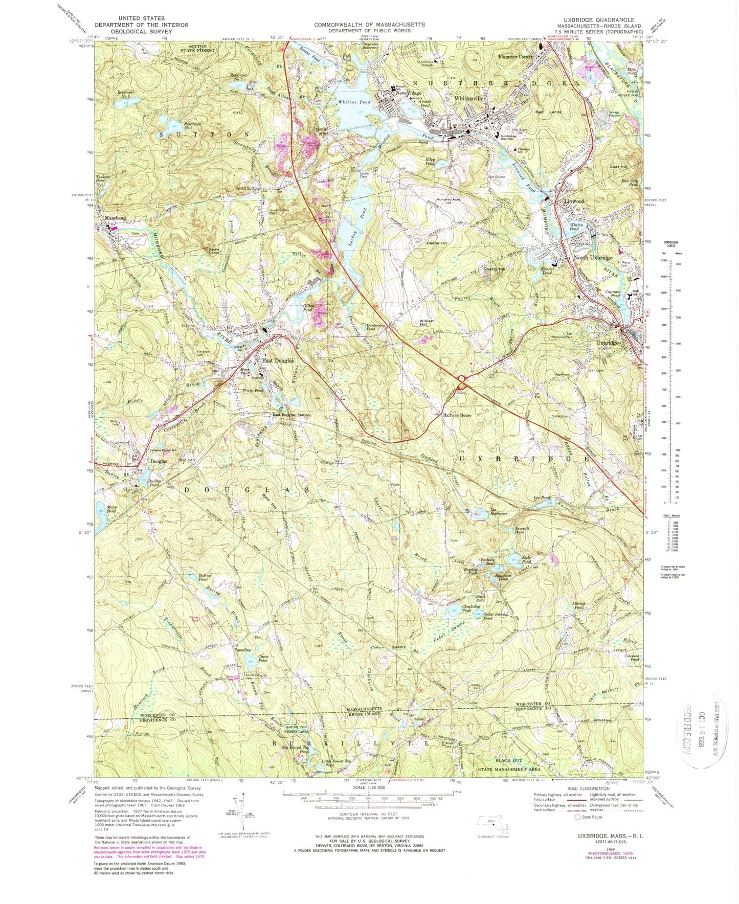 Classic USGS Uxbridge Massachusetts 7.5'x7.5' Topo Map Image