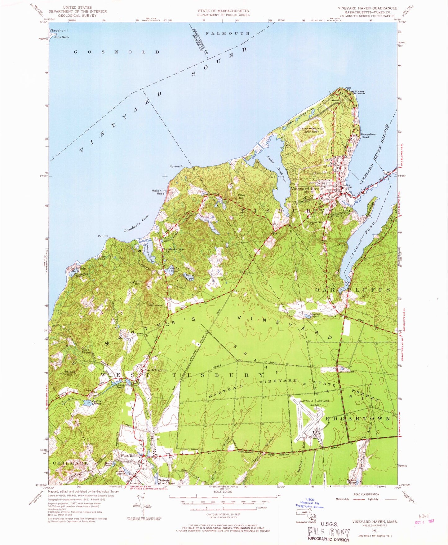 Classic USGS Vineyard Haven Massachusetts 7.5'x7.5' Topo Map Image