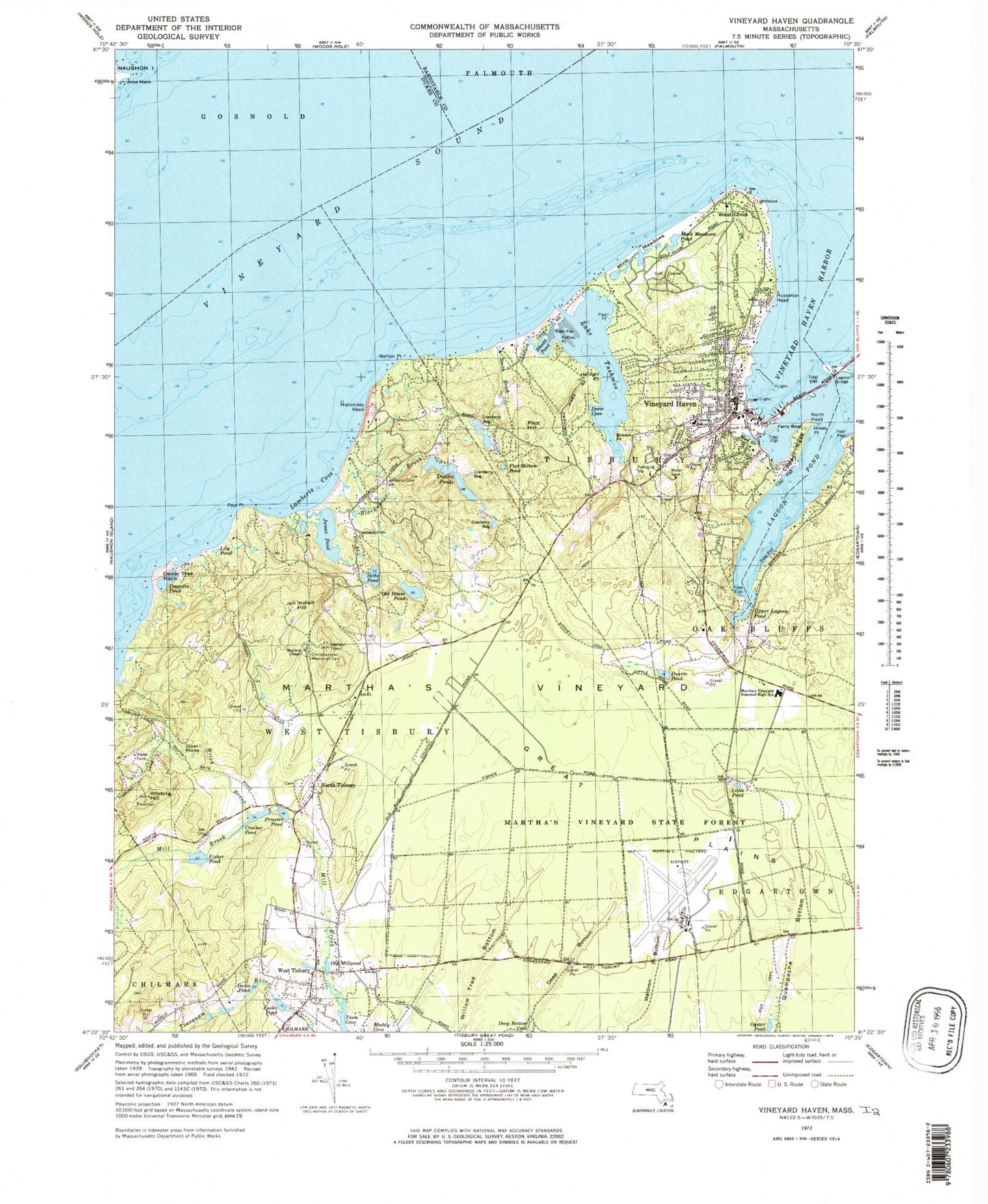 Classic USGS Vineyard Haven Massachusetts 7.5'x7.5' Topo Map Image