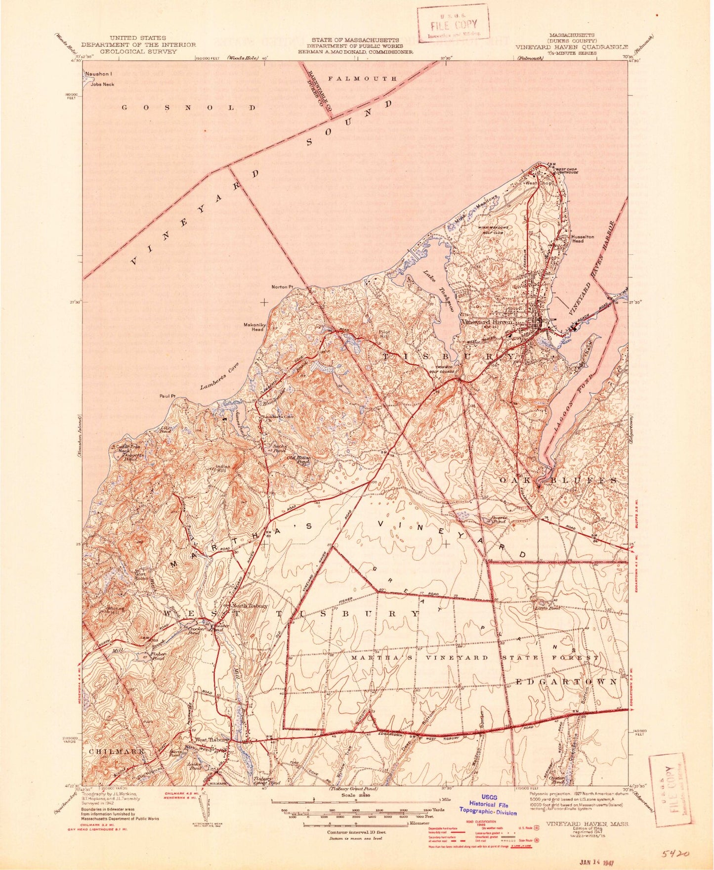 Classic USGS Vineyard Haven Massachusetts 7.5'x7.5' Topo Map Image