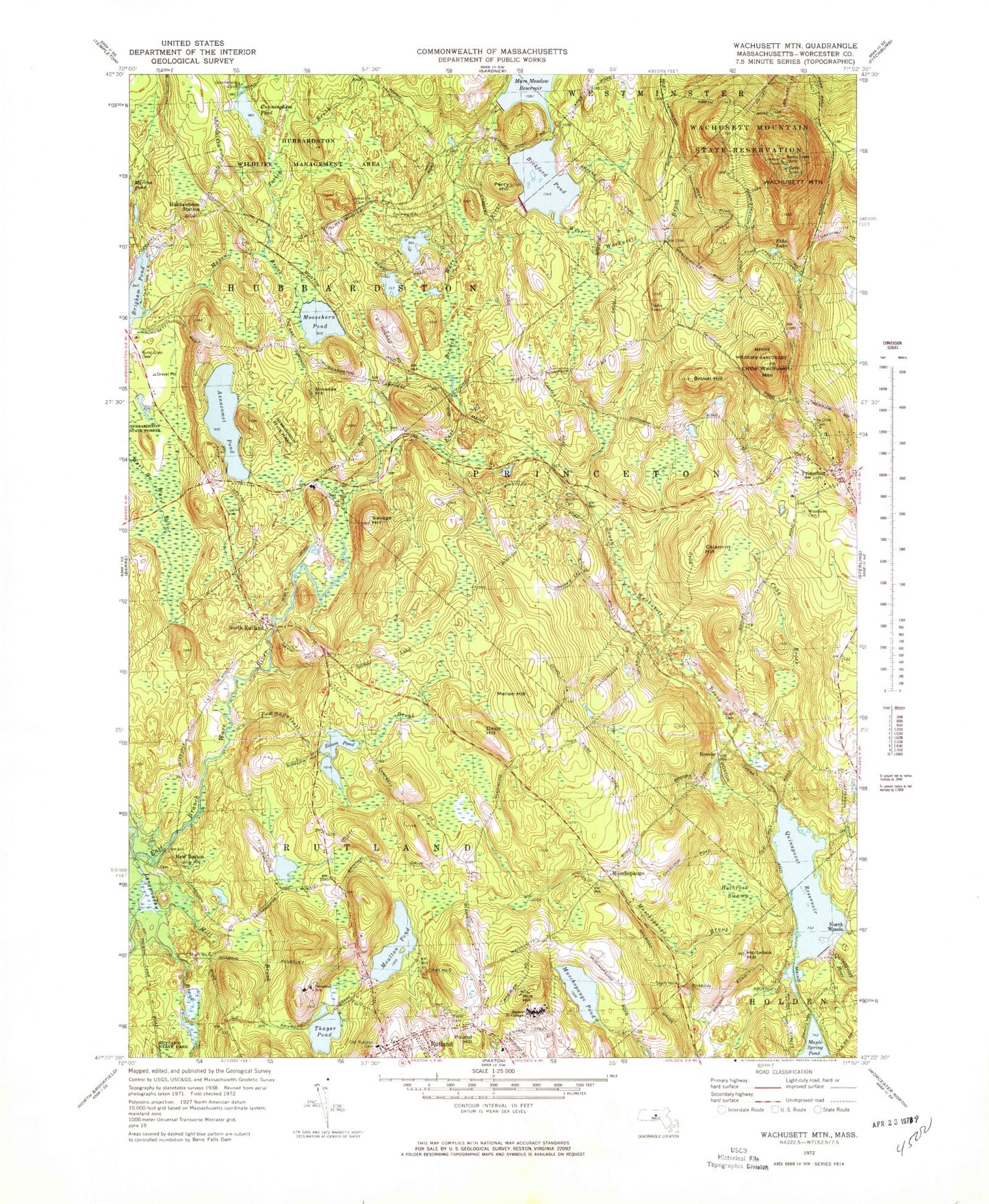 Classic USGS Wachusett Mountain Massachusetts 7.5'x7.5' Topo Map Image