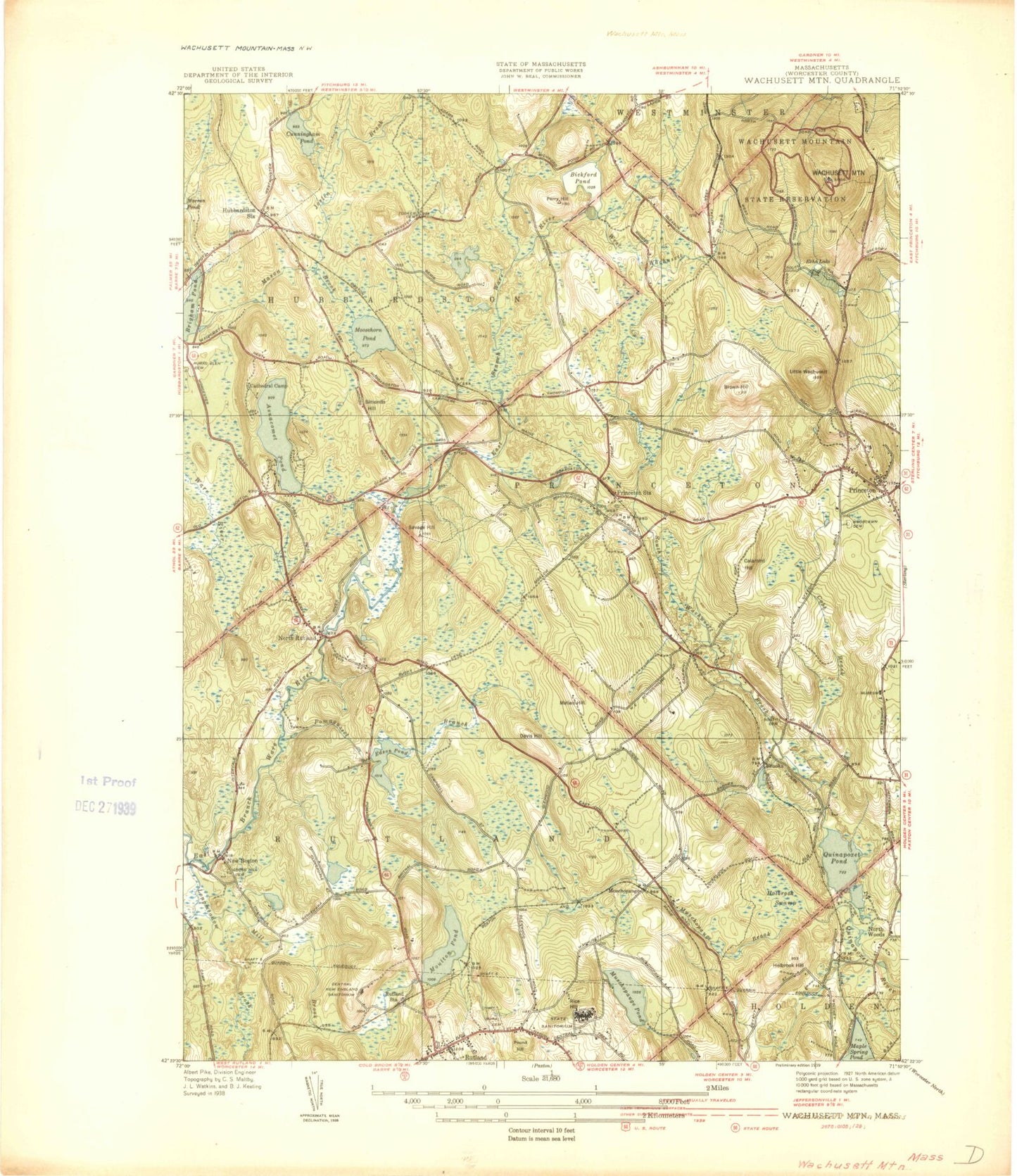 Classic USGS Wachusett Mountain Massachusetts 7.5'x7.5' Topo Map Image