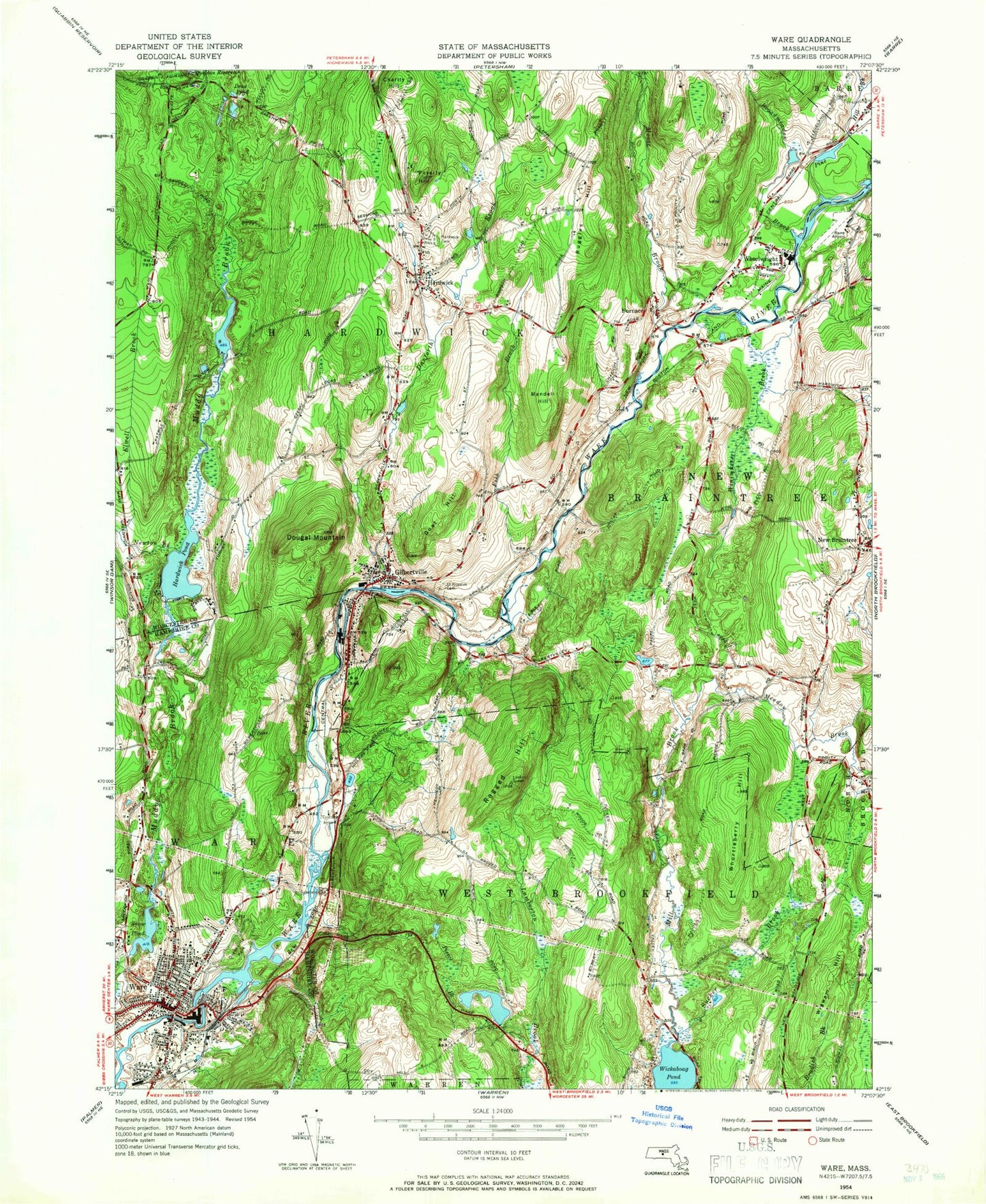 Classic USGS Ware Massachusetts 7.5'x7.5' Topo Map Image