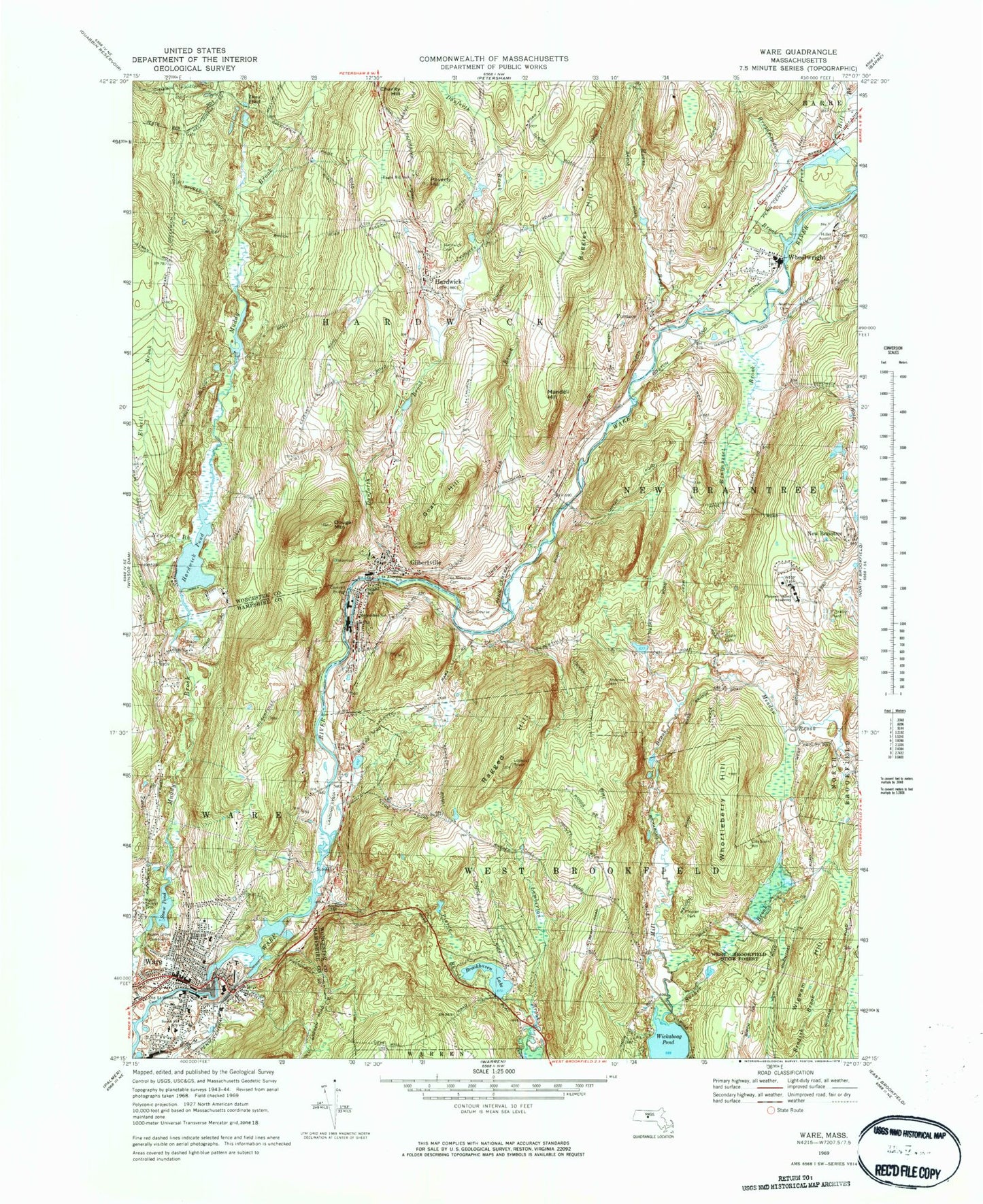 Classic USGS Ware Massachusetts 7.5'x7.5' Topo Map Image