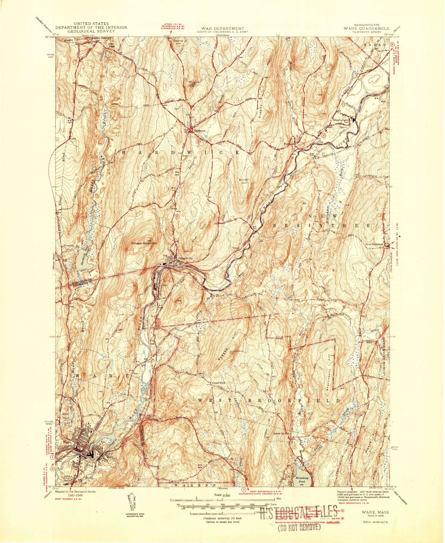 Classic USGS Ware Massachusetts 7.5'x7.5' Topo Map Image