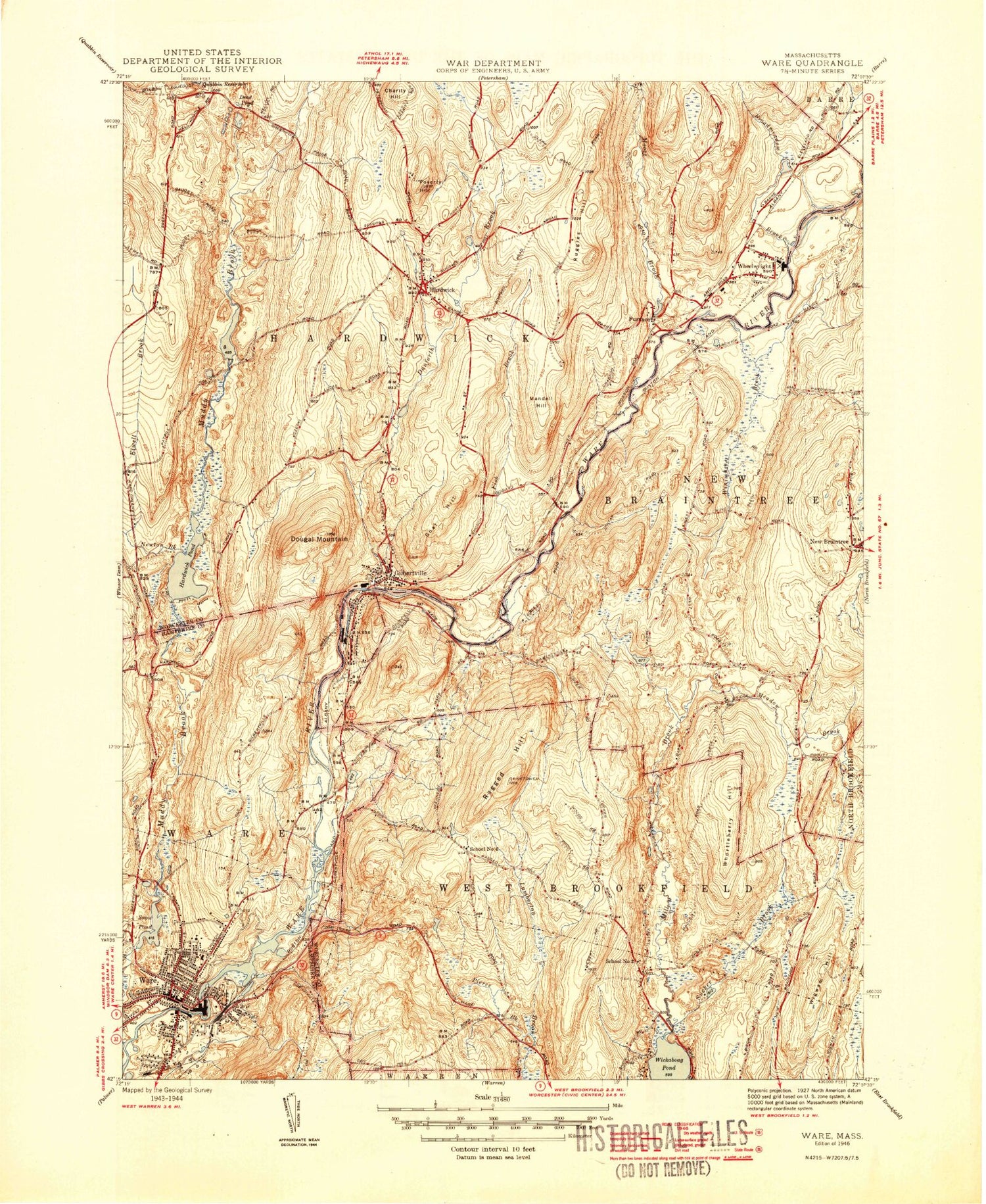Classic USGS Ware Massachusetts 7.5'x7.5' Topo Map Image