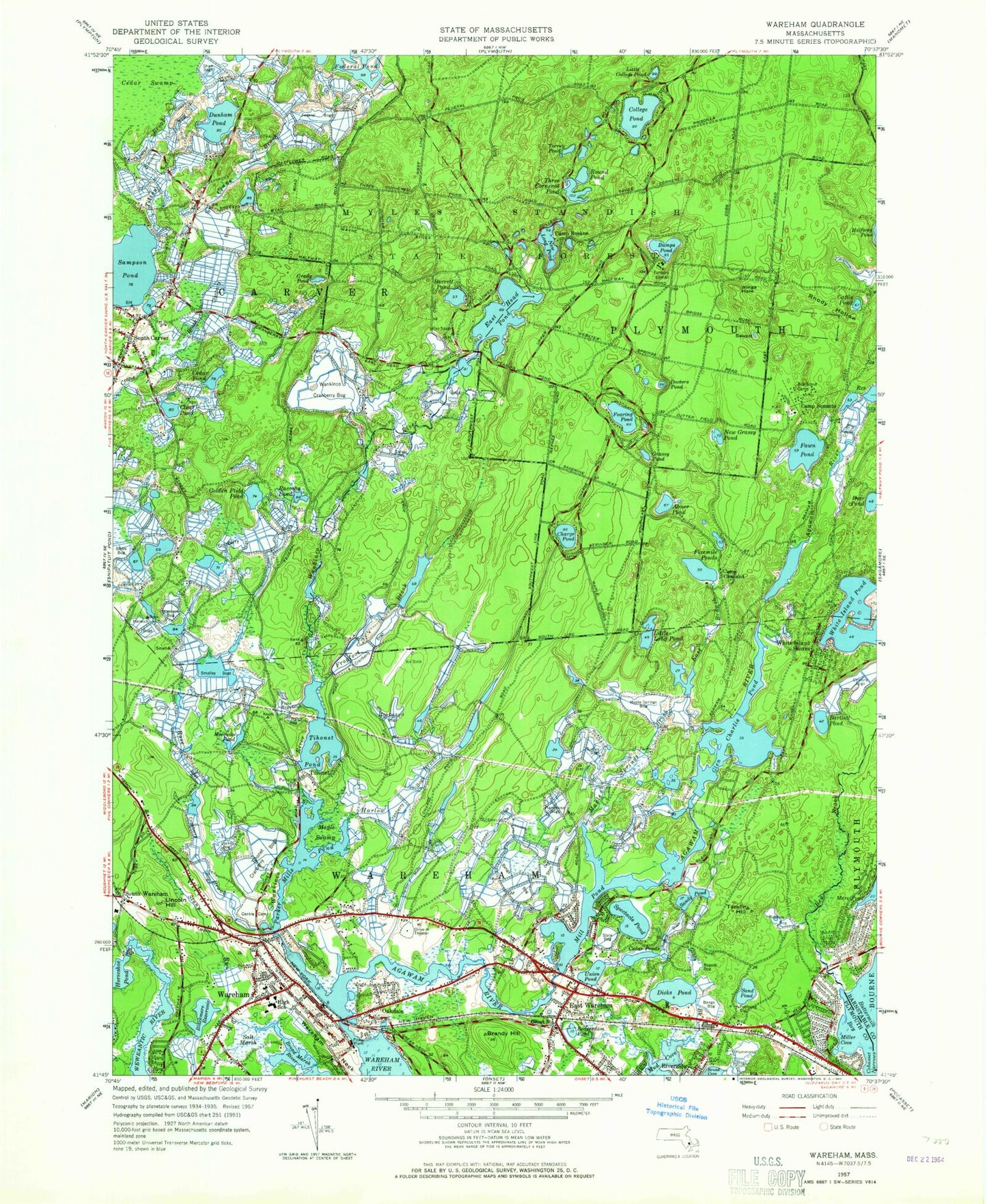 Classic USGS Wareham Massachusetts 7.5'x7.5' Topo Map Image