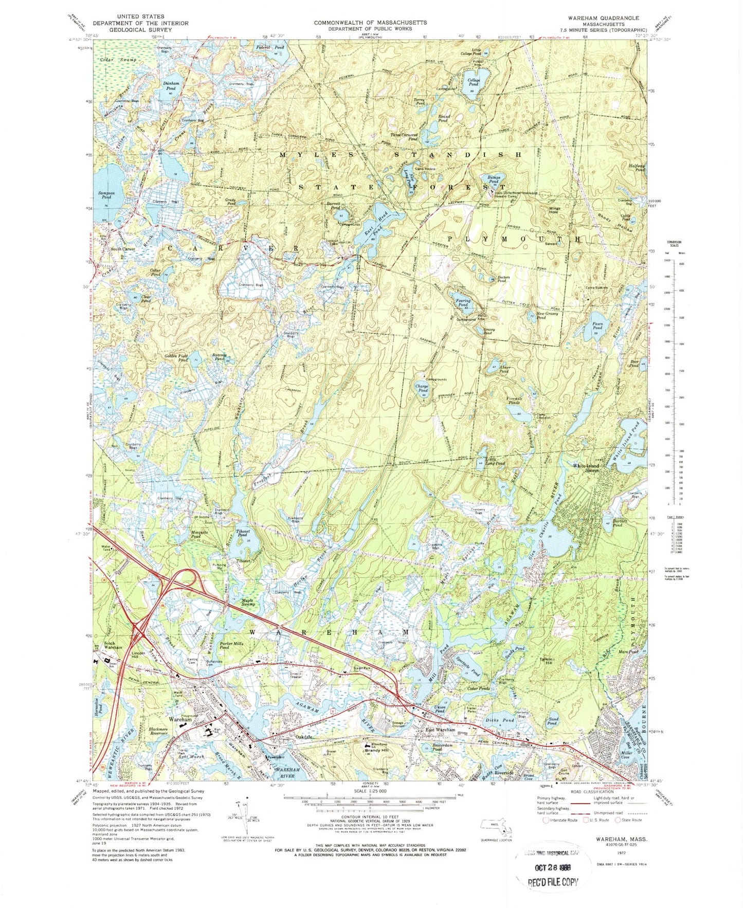Classic USGS Wareham Massachusetts 7.5'x7.5' Topo Map Image