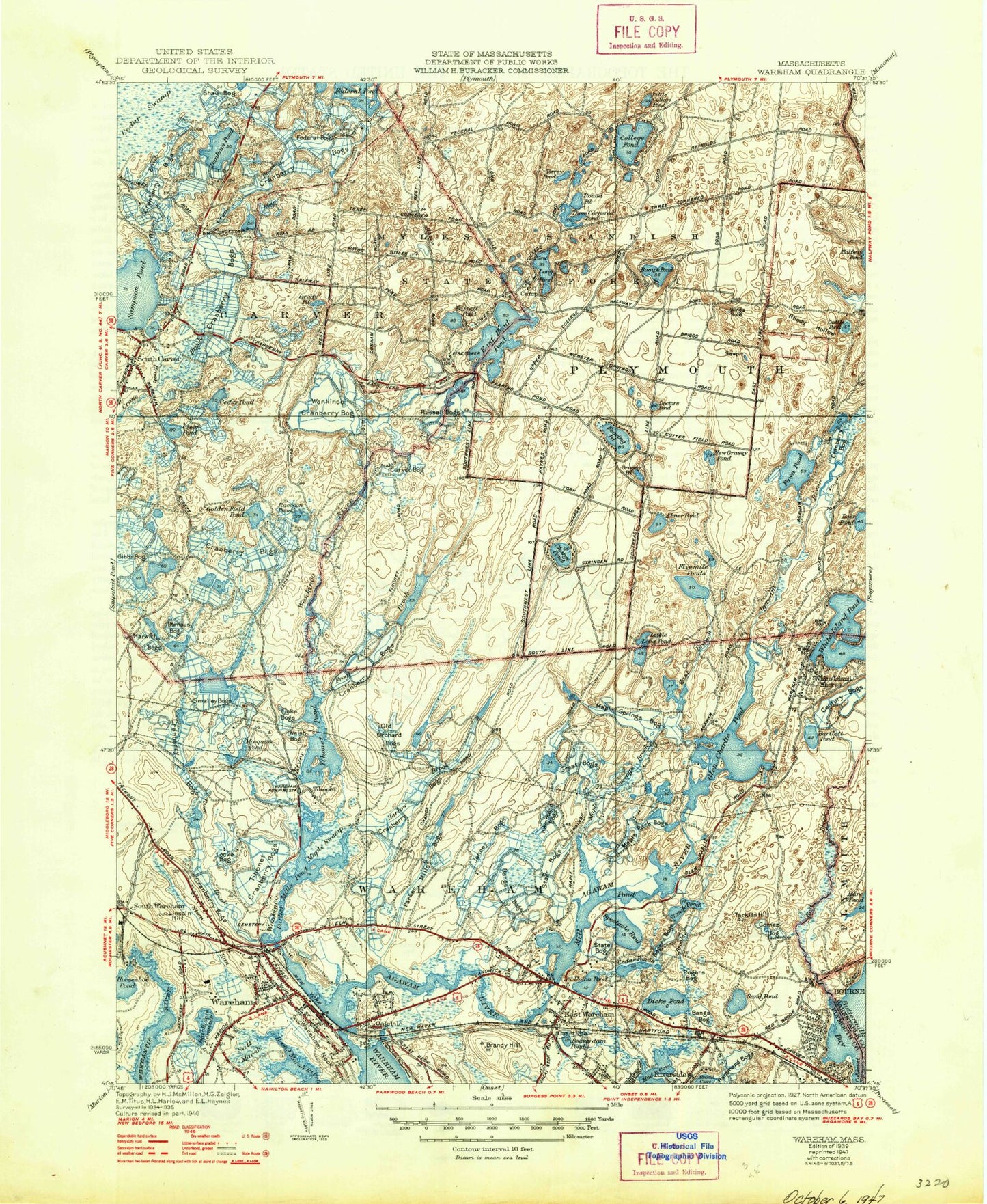Classic USGS Wareham Massachusetts 7.5'x7.5' Topo Map Image