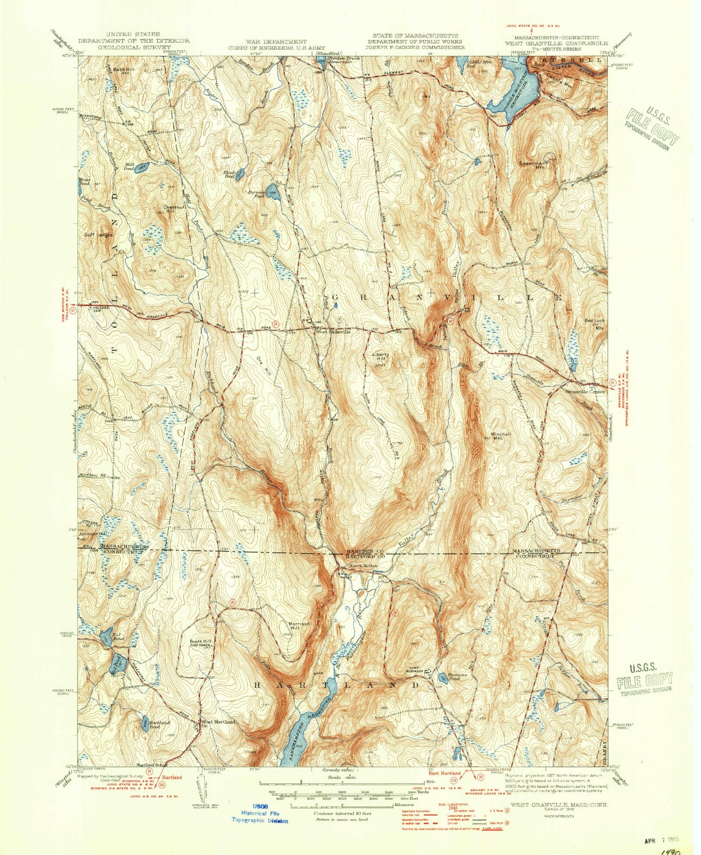 Classic USGS West Granville Massachusetts 7.5'x7.5' Topo Map Image