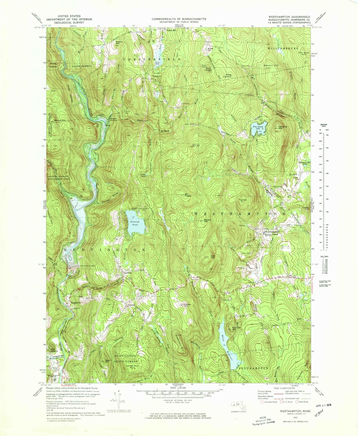 Classic USGS Westhampton Massachusetts 7.5'x7.5' Topo Map Image