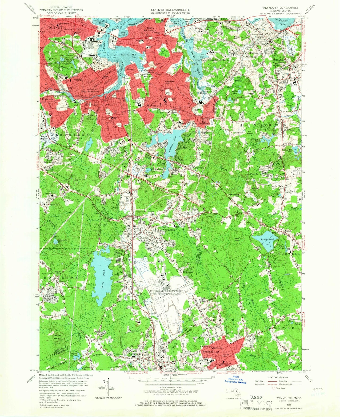 Classic USGS Weymouth Massachusetts 7.5'x7.5' Topo Map Image