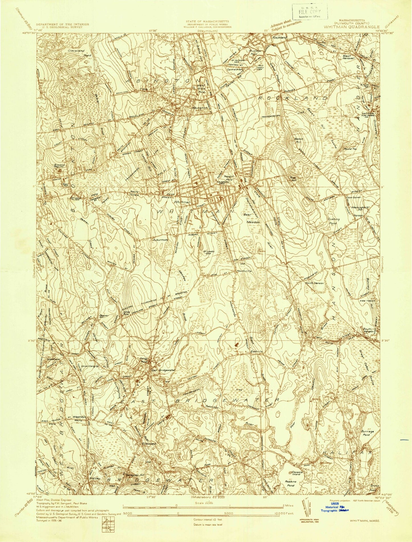 Classic USGS Whitman Massachusetts 7.5'x7.5' Topo Map Image