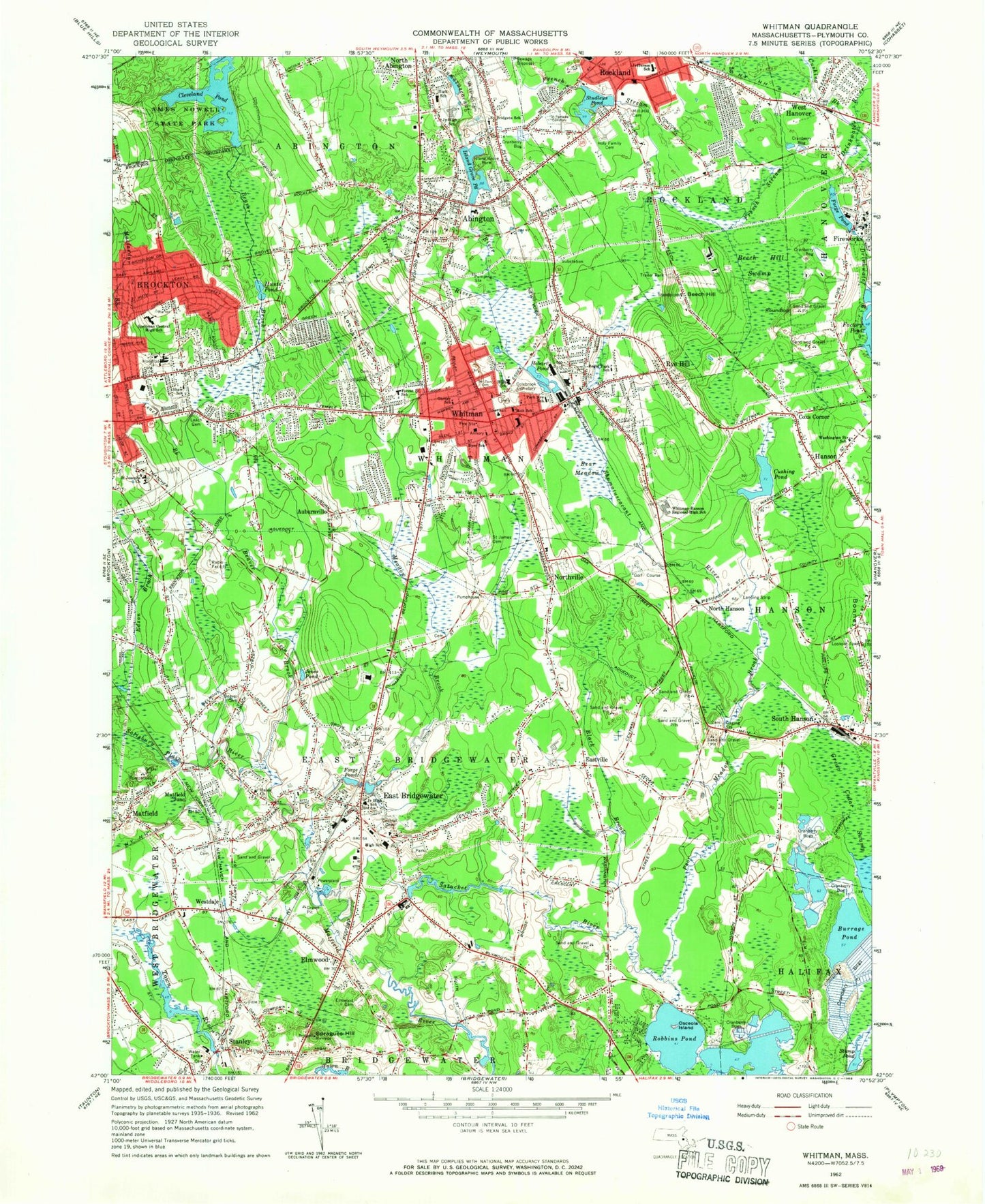 Classic USGS Whitman Massachusetts 7.5'x7.5' Topo Map Image