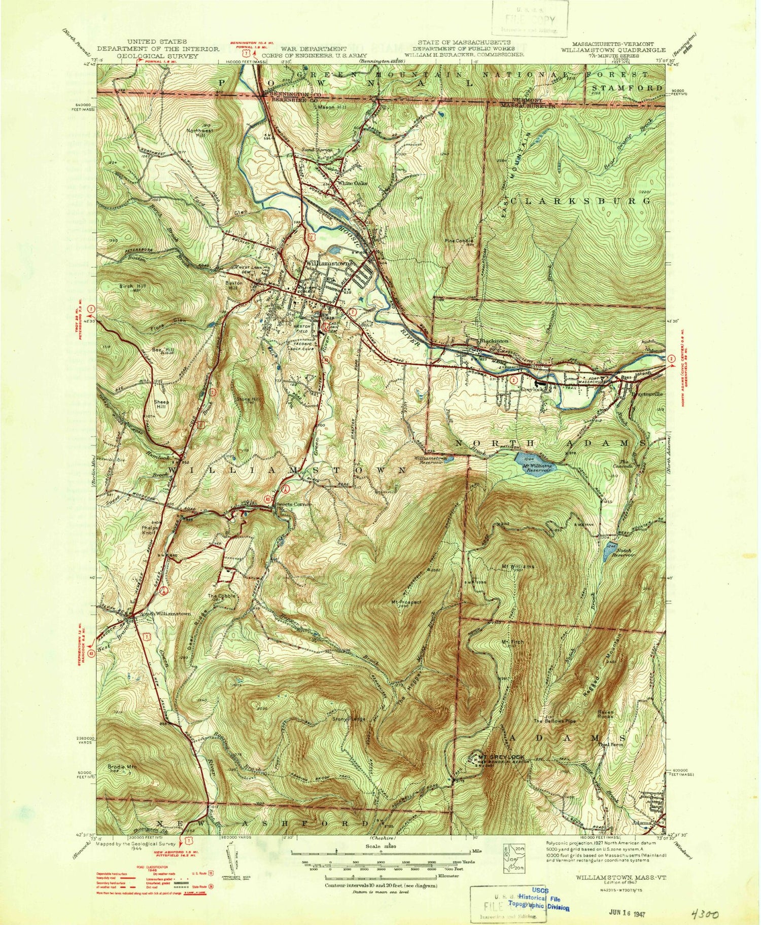 Classic USGS Williamstown Massachusetts 7.5'x7.5' Topo Map Image