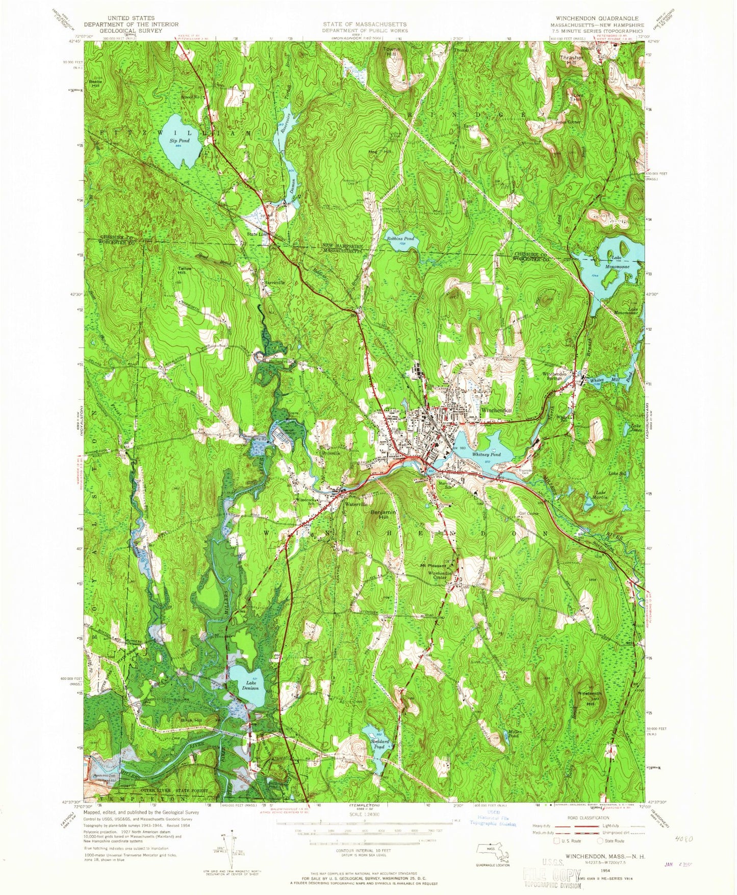 Classic USGS Winchendon Massachusetts 7.5'x7.5' Topo Map Image