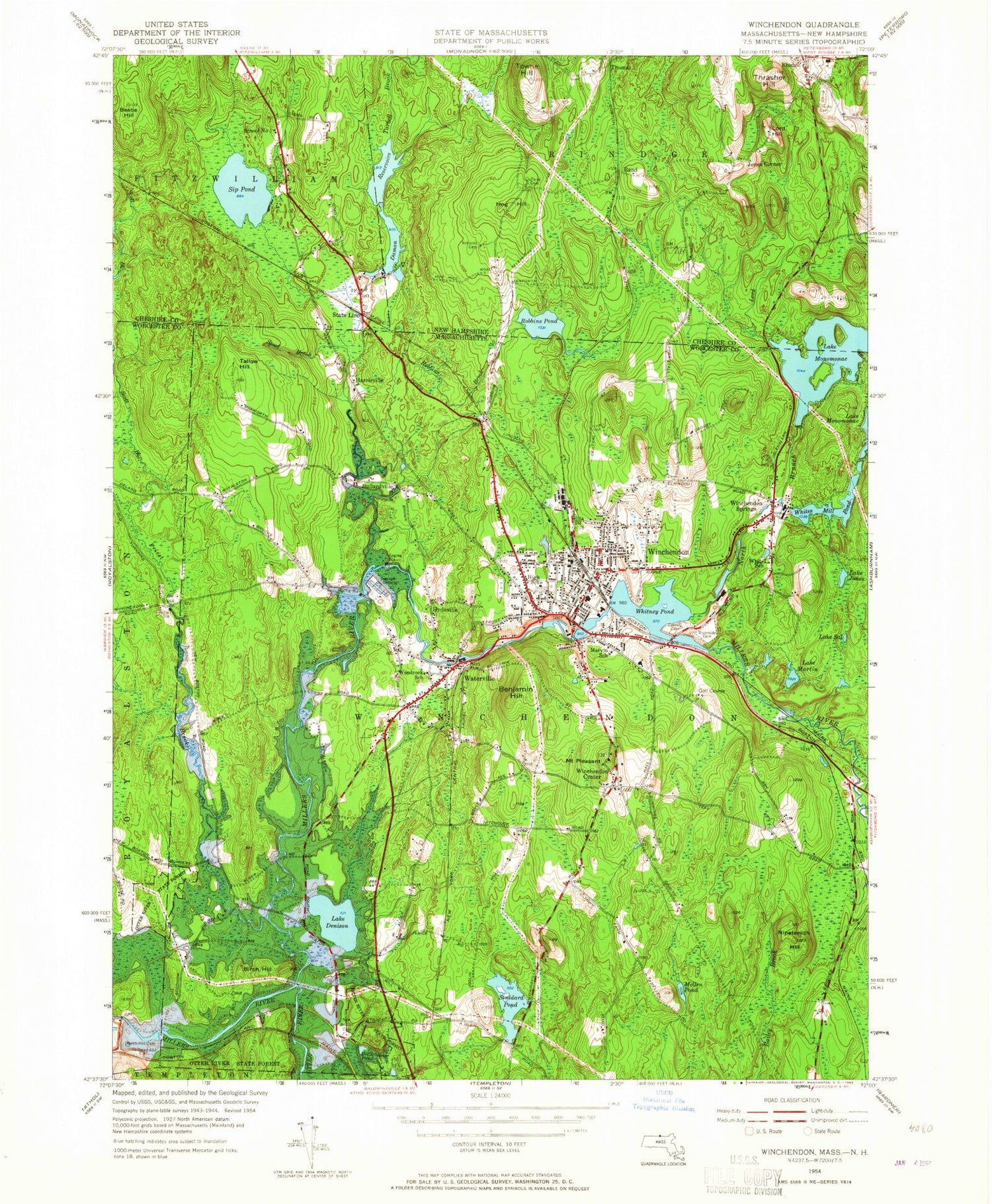 Classic USGS Winchendon Massachusetts 7.5'x7.5' Topo Map Image