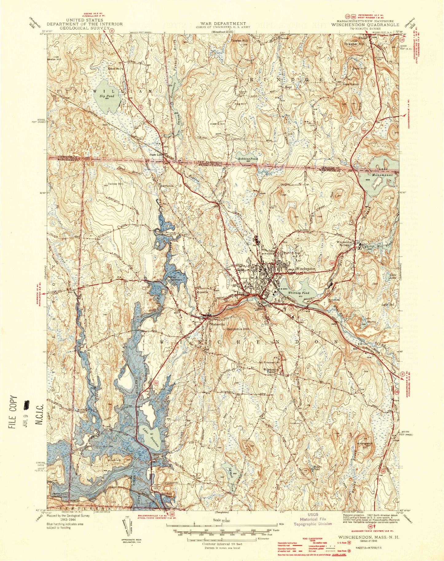 Classic USGS Winchendon Massachusetts 7.5'x7.5' Topo Map Image