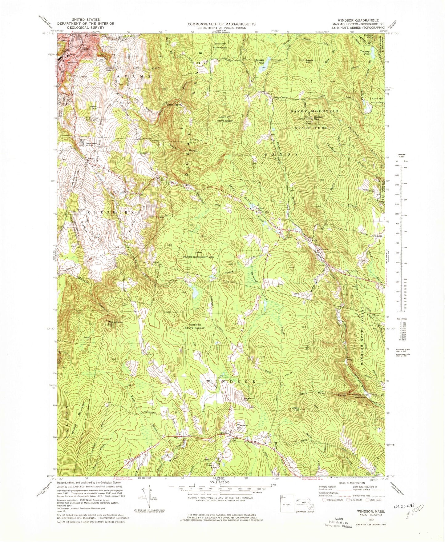 Classic USGS Windsor Massachusetts 7.5'x7.5' Topo Map Image