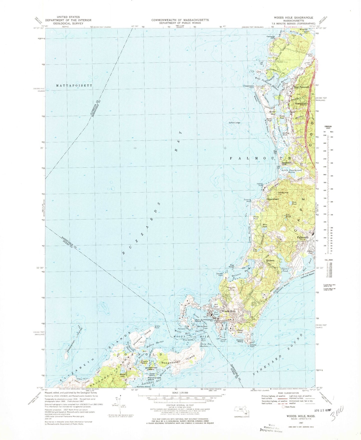 Classic USGS Woods Hole Massachusetts 7.5'x7.5' Topo Map Image