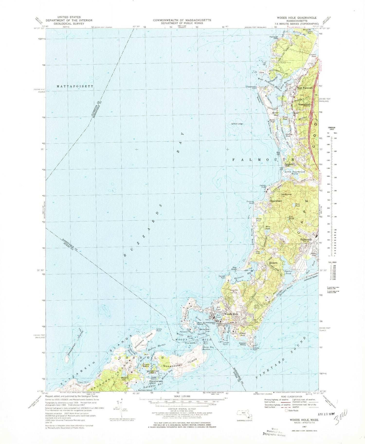 Classic USGS Woods Hole Massachusetts 7.5'x7.5' Topo Map Image