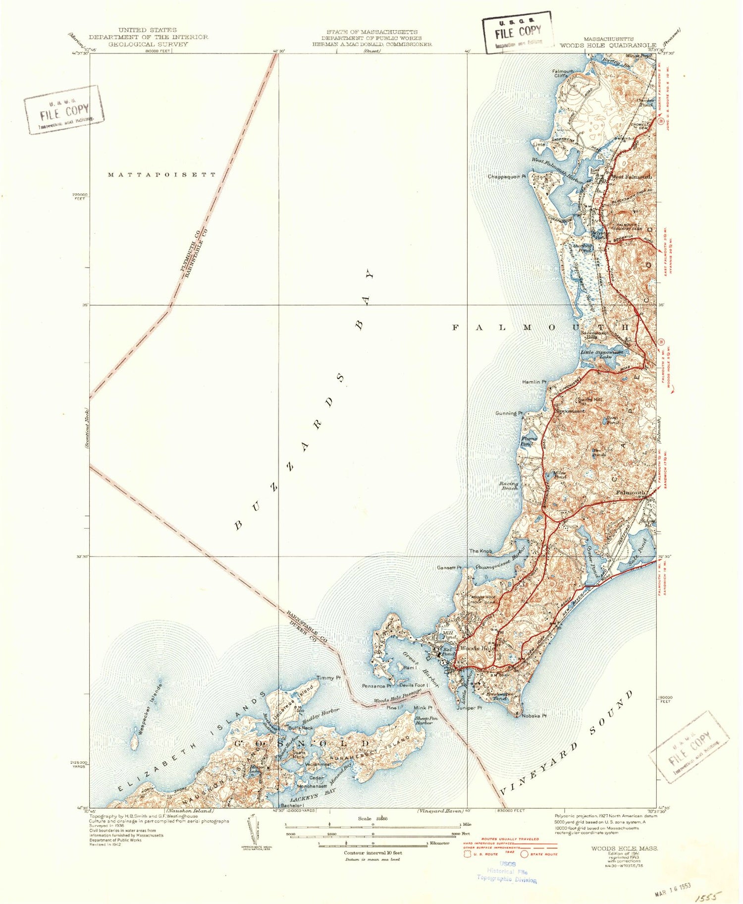 Classic USGS Woods Hole Massachusetts 7.5'x7.5' Topo Map Image