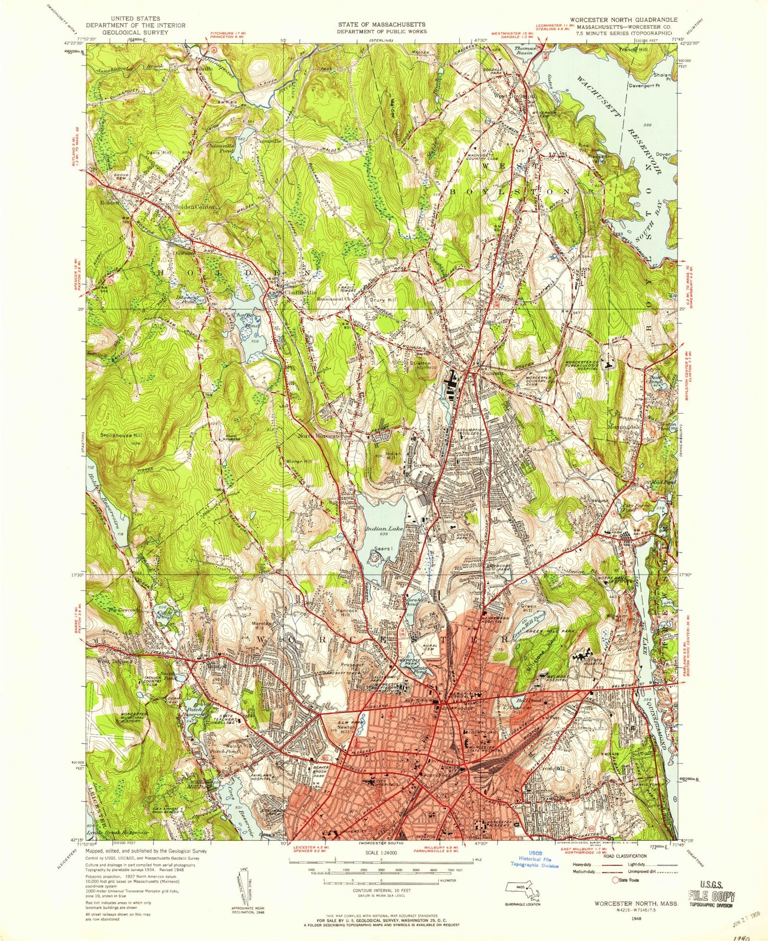 Classic USGS Worcester North Massachusetts 7.5'x7.5' Topo Map Image