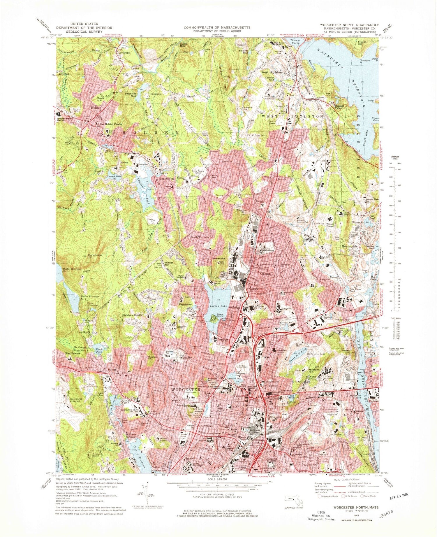 Classic USGS Worcester North Massachusetts 7.5'x7.5' Topo Map Image
