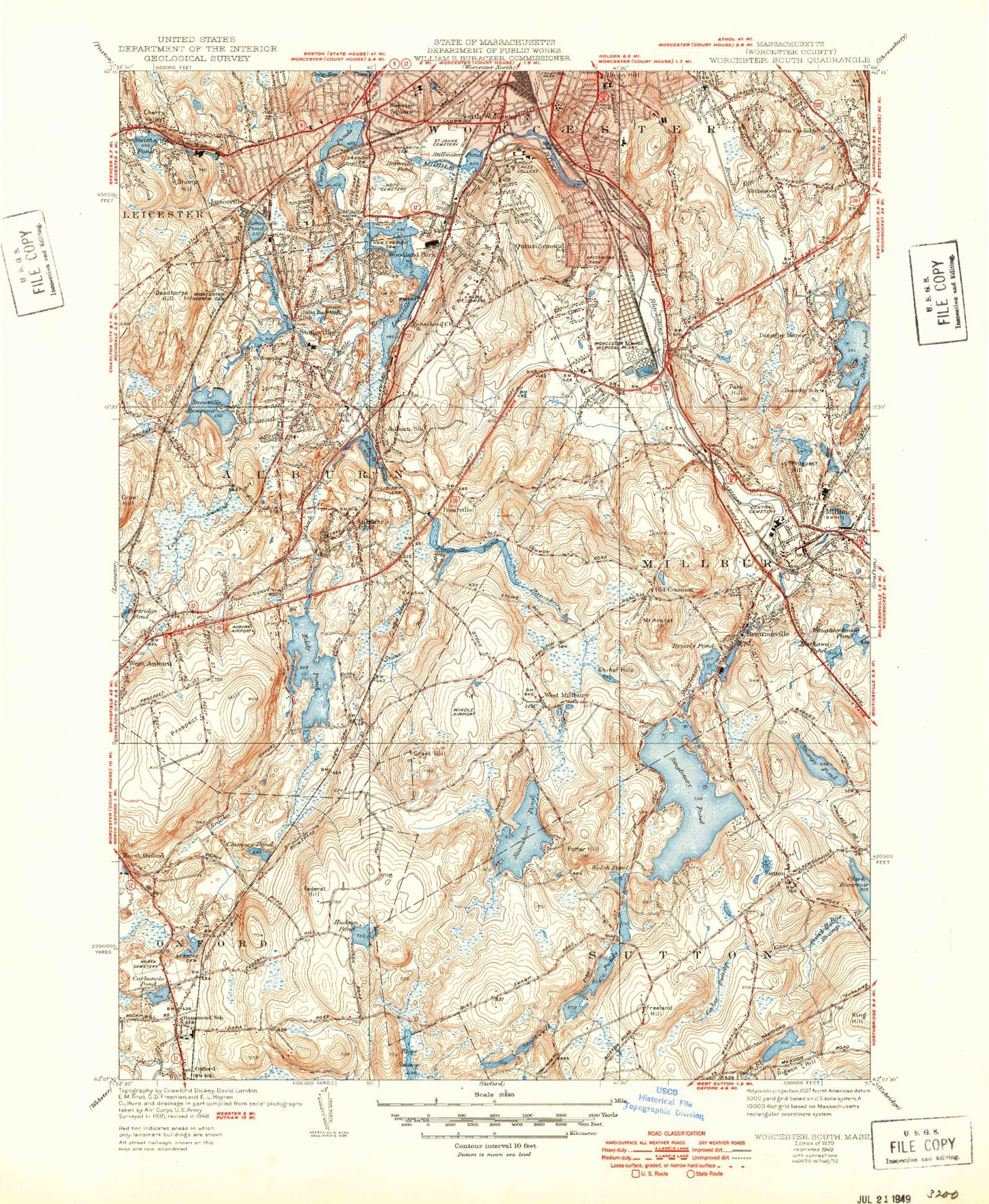 Classic USGS Worcester South Massachusetts 7.5'x7.5' Topo Map Image