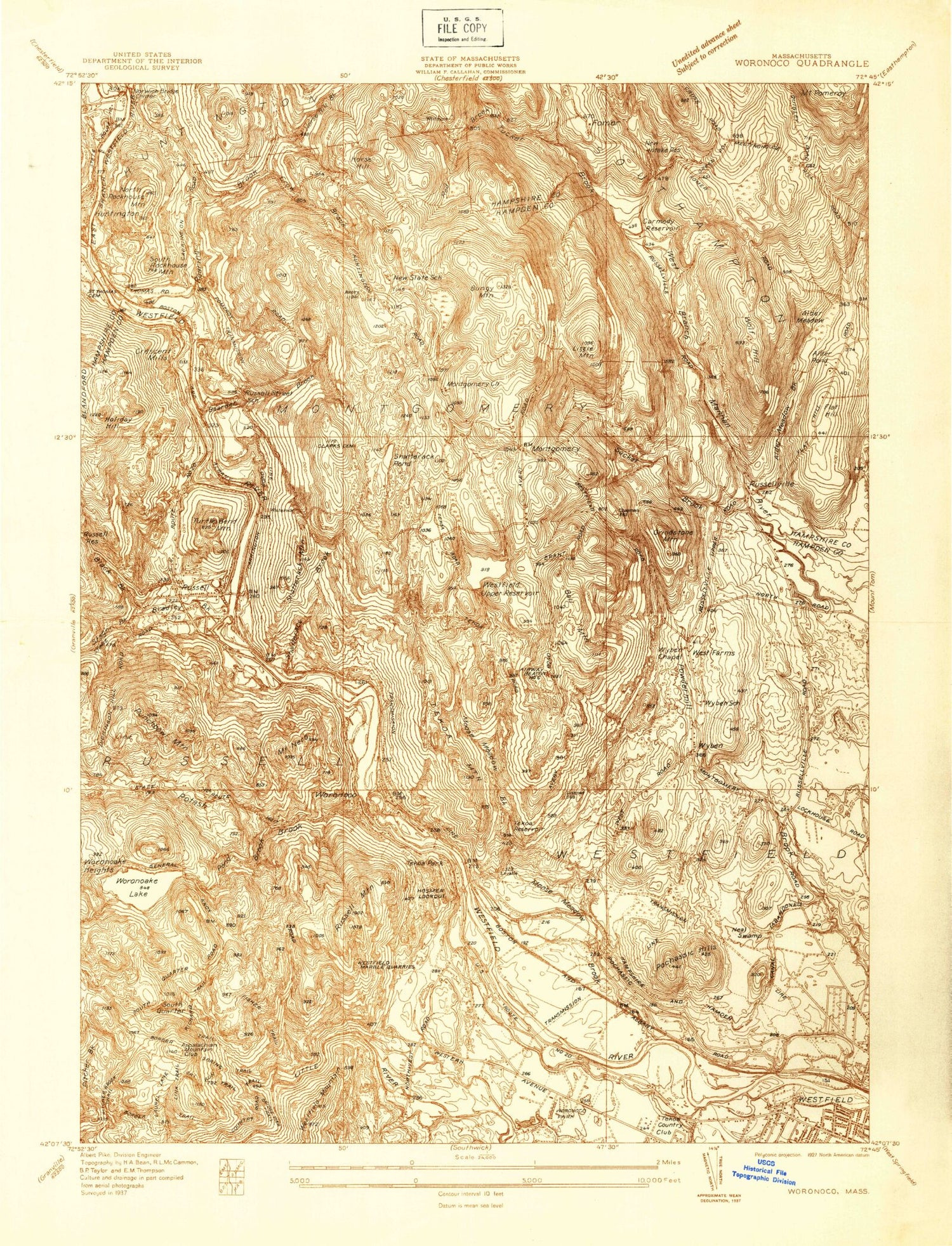 Classic USGS Woronoco Massachusetts 7.5'x7.5' Topo Map Image