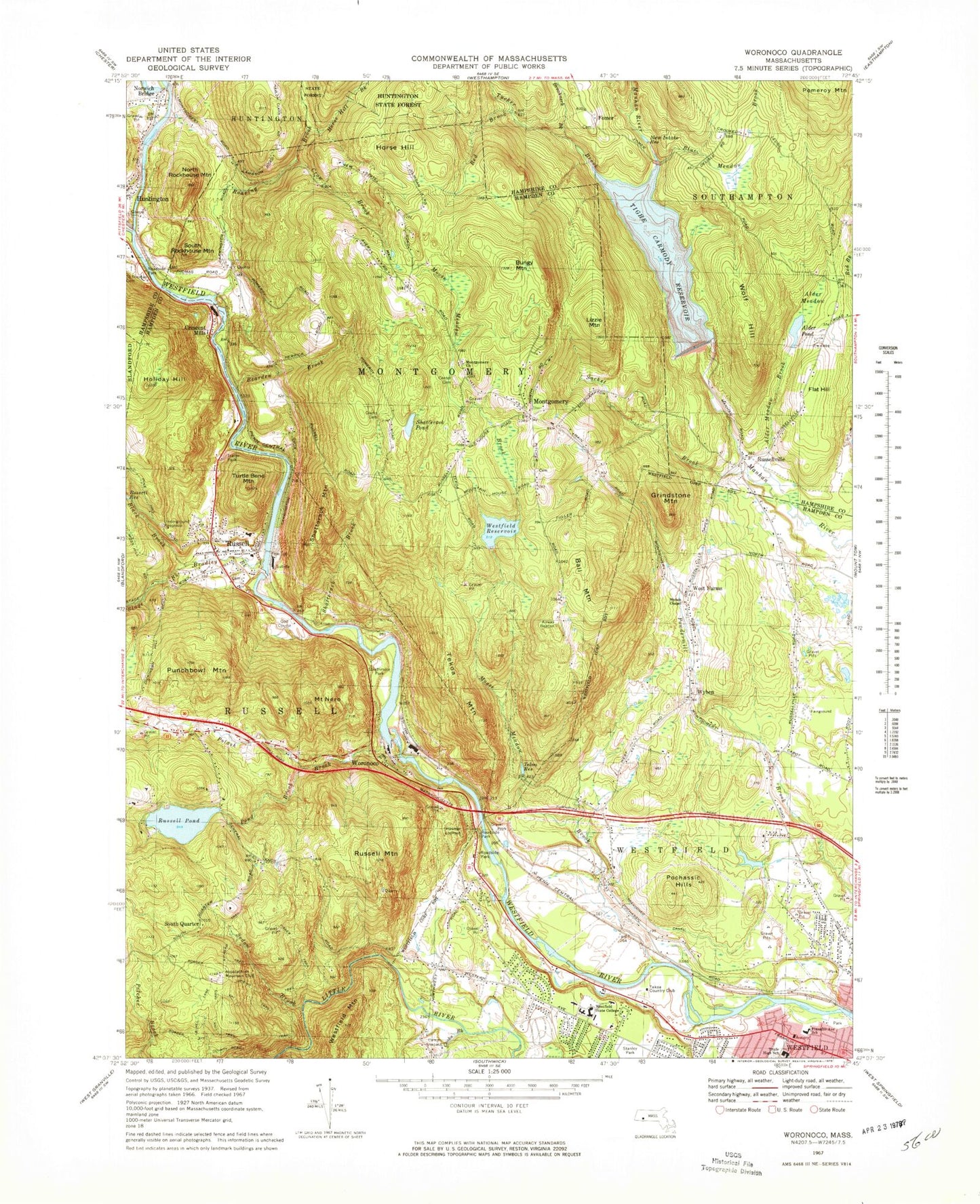 Classic USGS Woronoco Massachusetts 7.5'x7.5' Topo Map Image