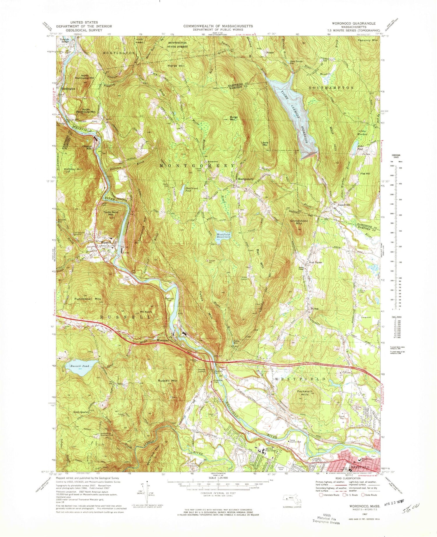 Classic USGS Woronoco Massachusetts 7.5'x7.5' Topo Map Image