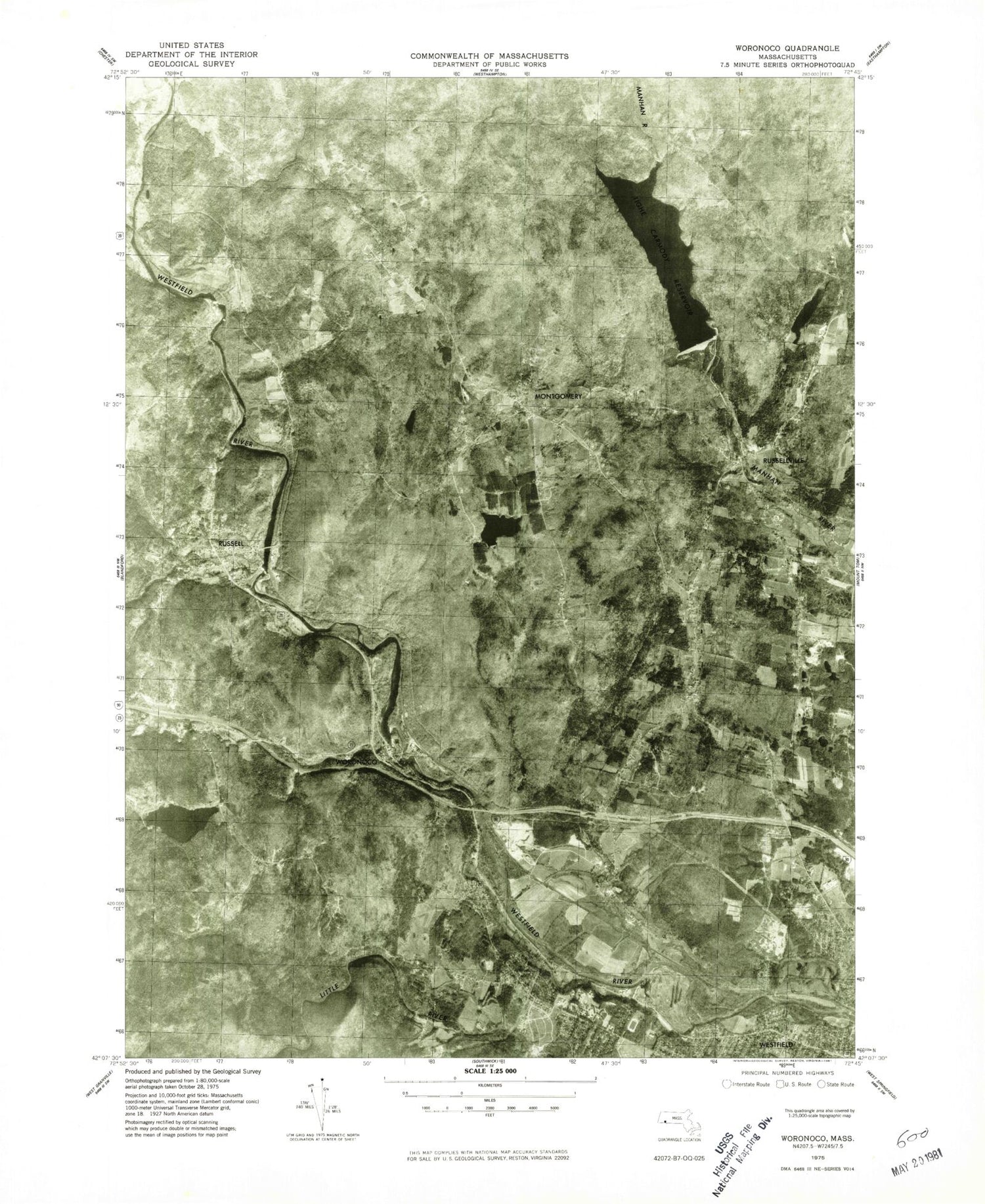 Classic USGS Woronoco Massachusetts 7.5'x7.5' Topo Map Image