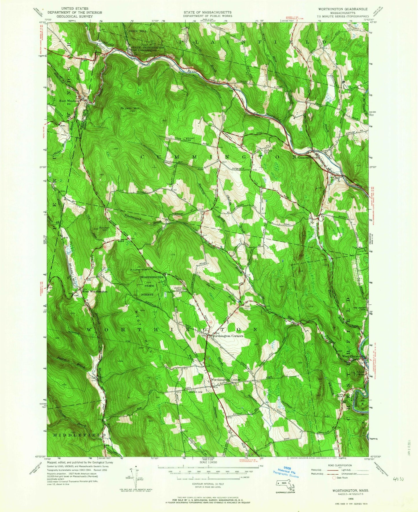 Classic USGS Worthington Massachusetts 7.5'x7.5' Topo Map Image