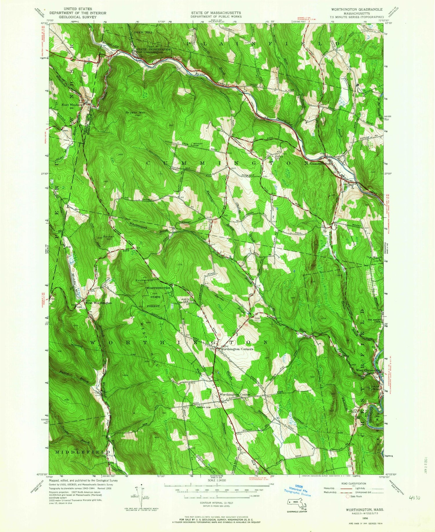 Classic USGS Worthington Massachusetts 7.5'x7.5' Topo Map Image