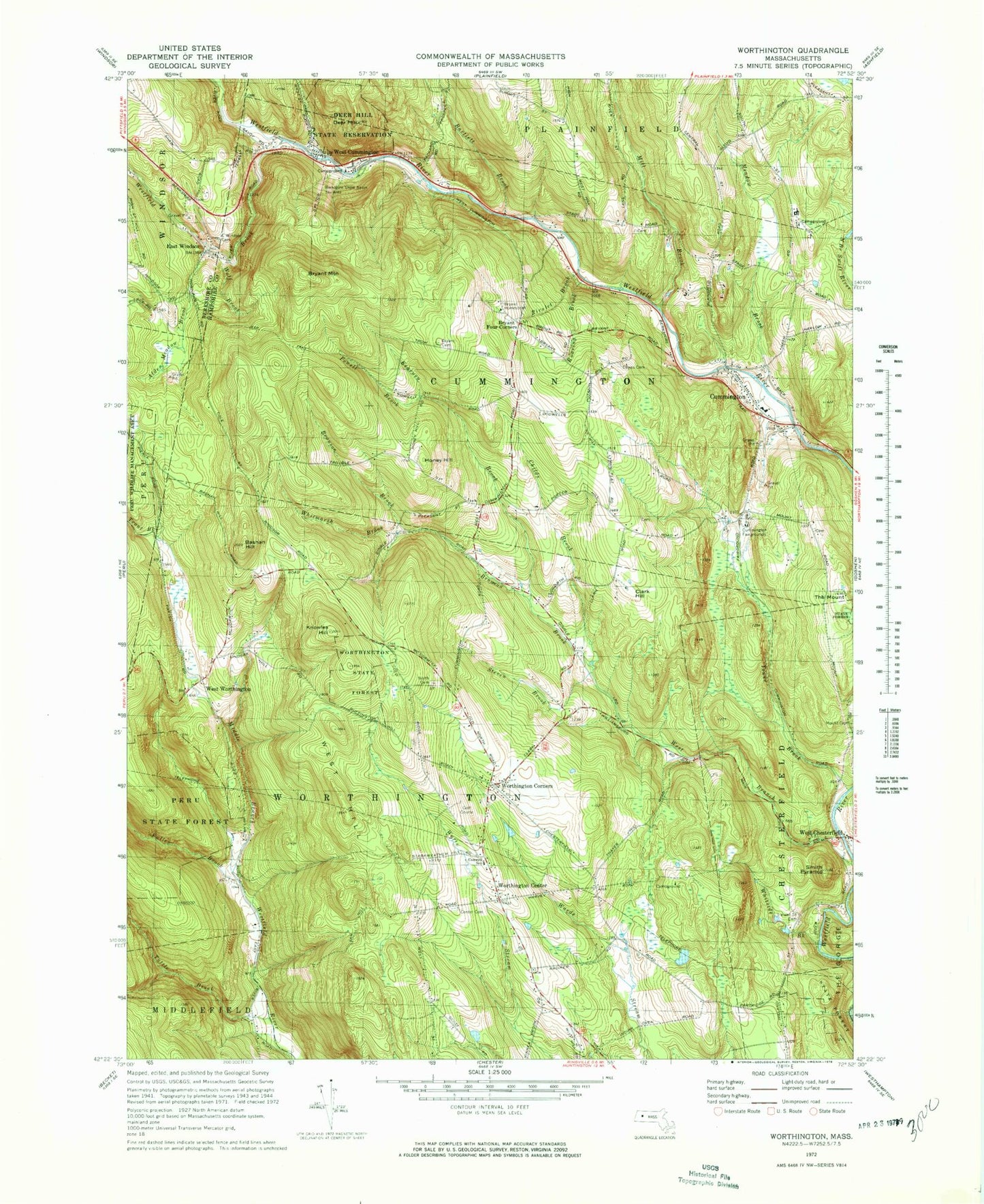 Classic USGS Worthington Massachusetts 7.5'x7.5' Topo Map Image