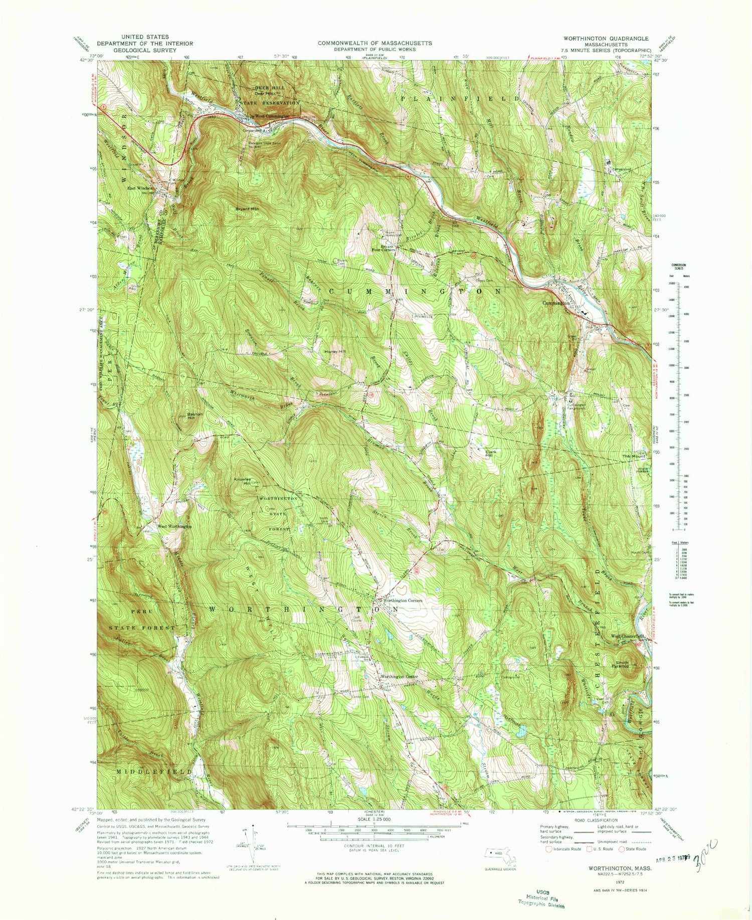 Classic USGS Worthington Massachusetts 7.5'x7.5' Topo Map Image