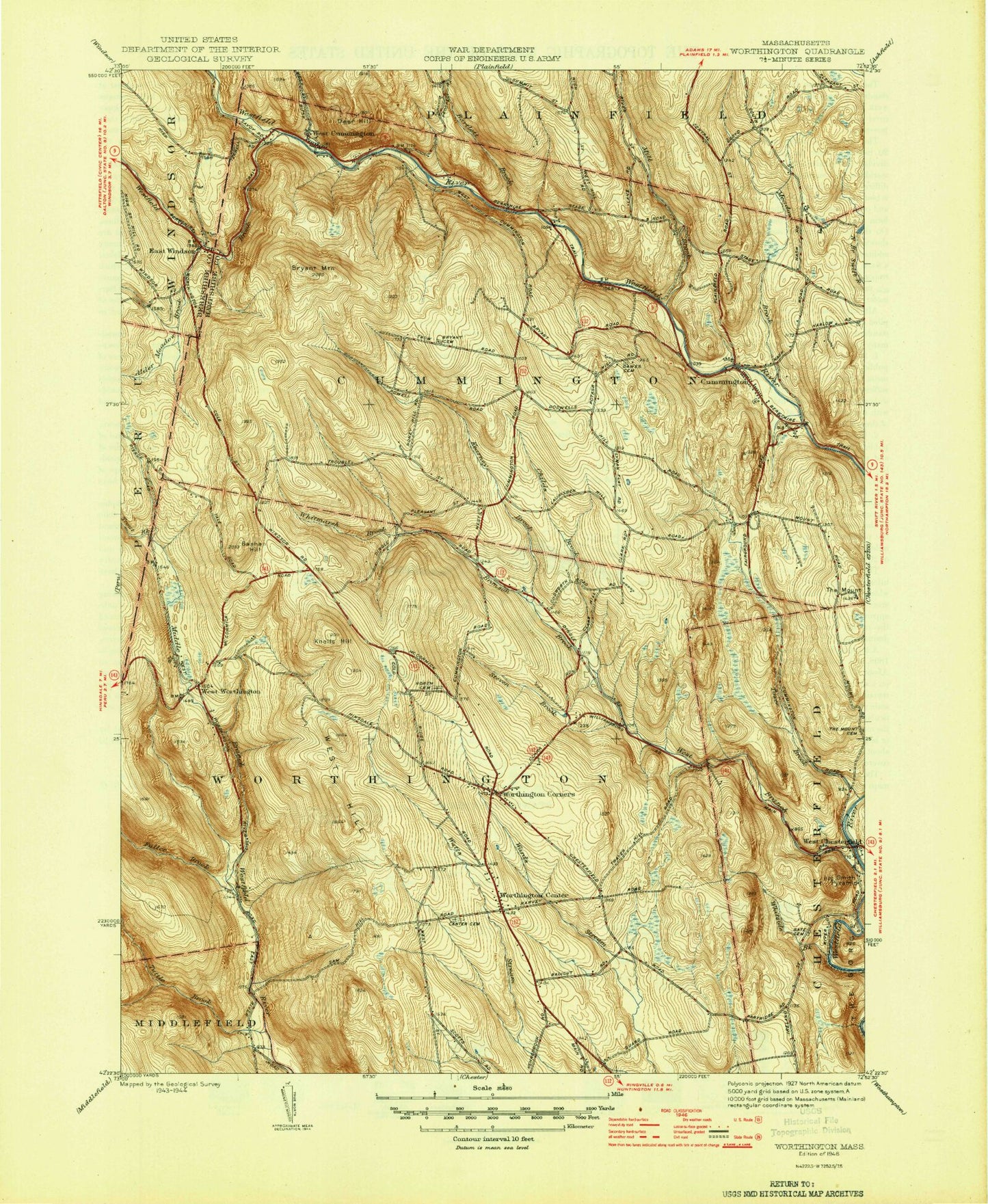 Classic USGS Worthington Massachusetts 7.5'x7.5' Topo Map Image